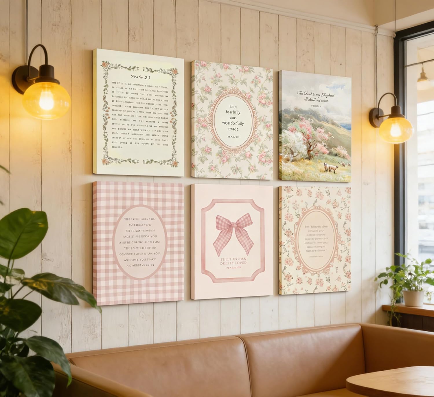 6Pcs Christian Nursery Wall Art Bible Verse Wall Decor Prints Jesus Religious Posters Pink Flower Bow Bible Verse Canvas Painting Kids Vintage Christian Boho Prints for Girls Bedroom Framed