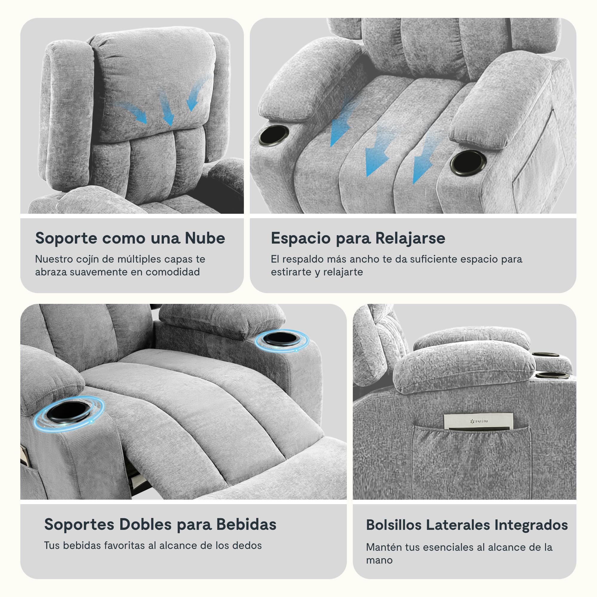 FLEXISPOT XL6 Sillón Relax Eléctrico con Levantapersonas, Masaje 8 Puntos y Calor, Reclinable 105°-165°, USB y Type-C, 2 Portavasos y Bolsillos, Sofá Individual Acolchado, hasta 200 kg, Gris Claro