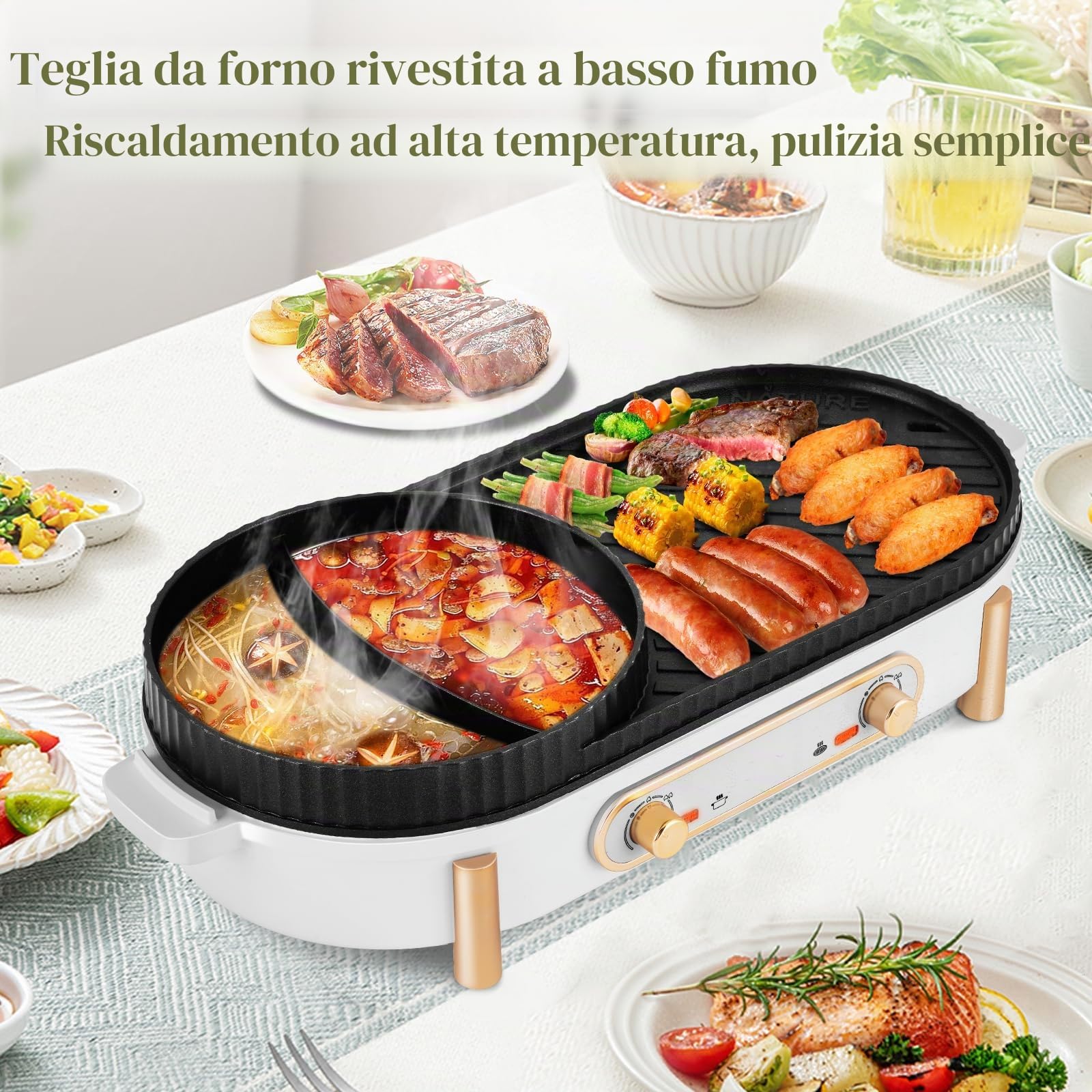 YJINGRUI Hot Pot - Barbecue elettrico 2200 W, 2 in 1, con 2 regolazione indipendente della temperatura per 3-12 persone