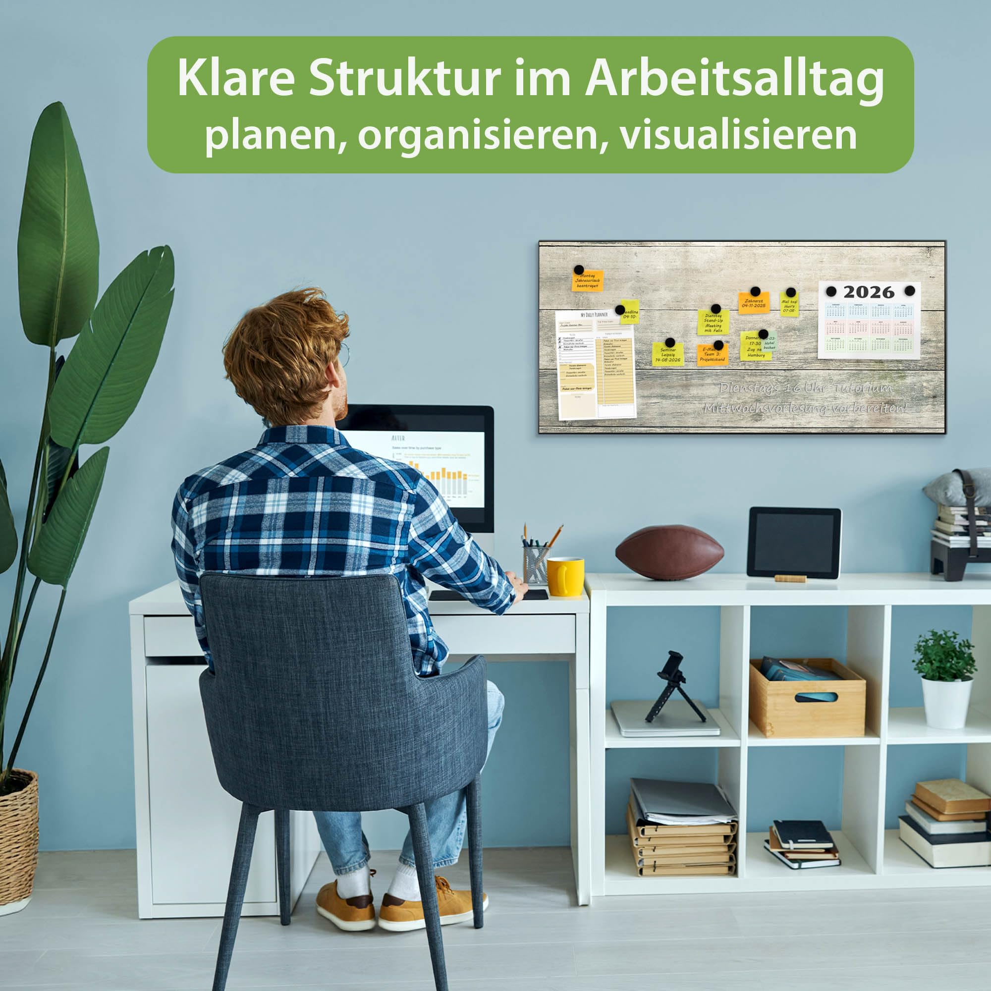 banjado Magnettafel Metall 78 x 37cm - beschreibbare Magnettafel - Metall Pinnwand als Memoboard - Magnetwand Küche, Büro, Kinderzimmer Schwarz inkl. 4 Magnete & Montageset - Motiv Graue Planken