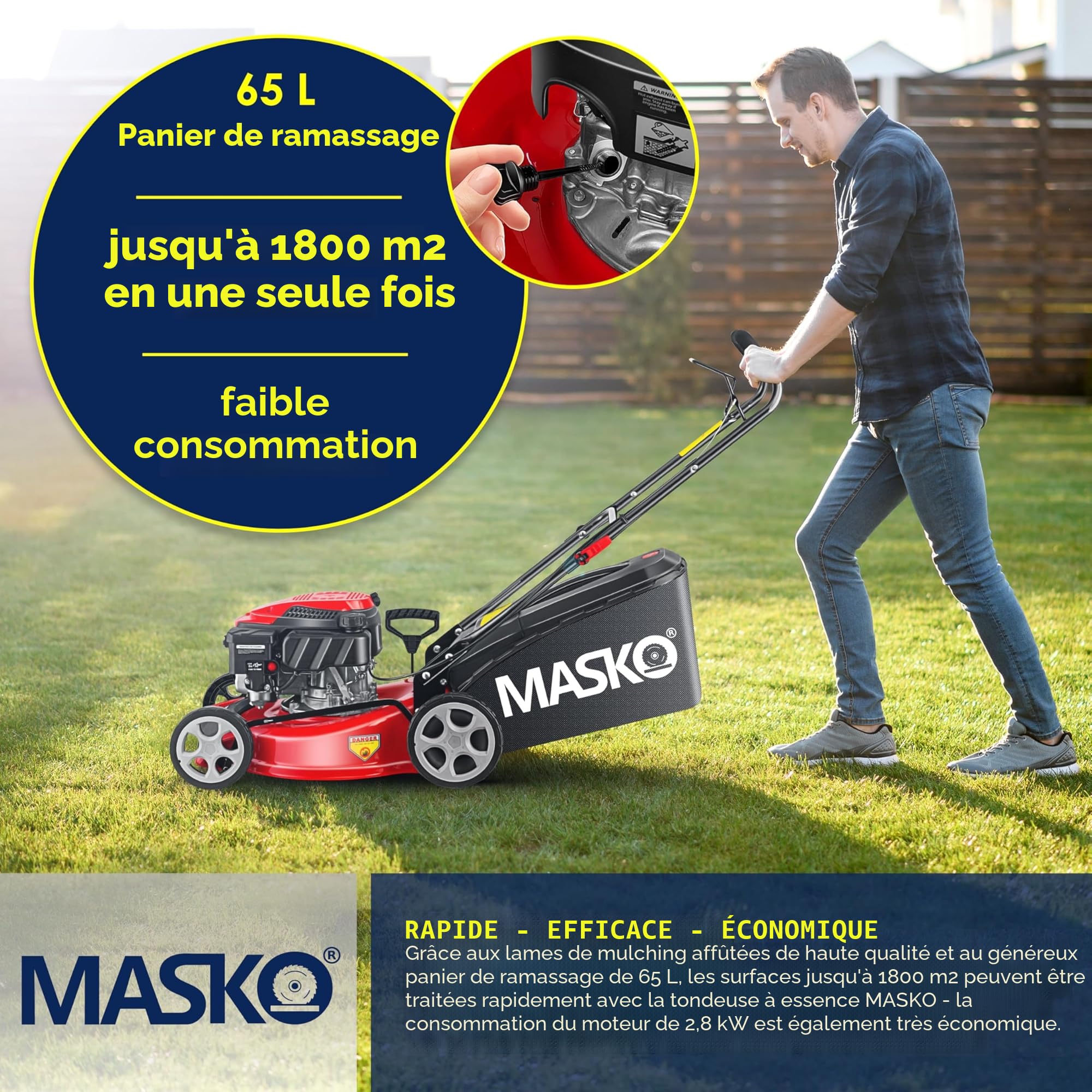 MASKO® Tondeuse à Essence 5 en 1 Roue motrice Fonction de Nettoyage, Largeur de Coupe 51cm, EasyClean Fonction Mulching Éjection latérale Largeur de Coupe élevée Réglage de la Hauteur de Coupe