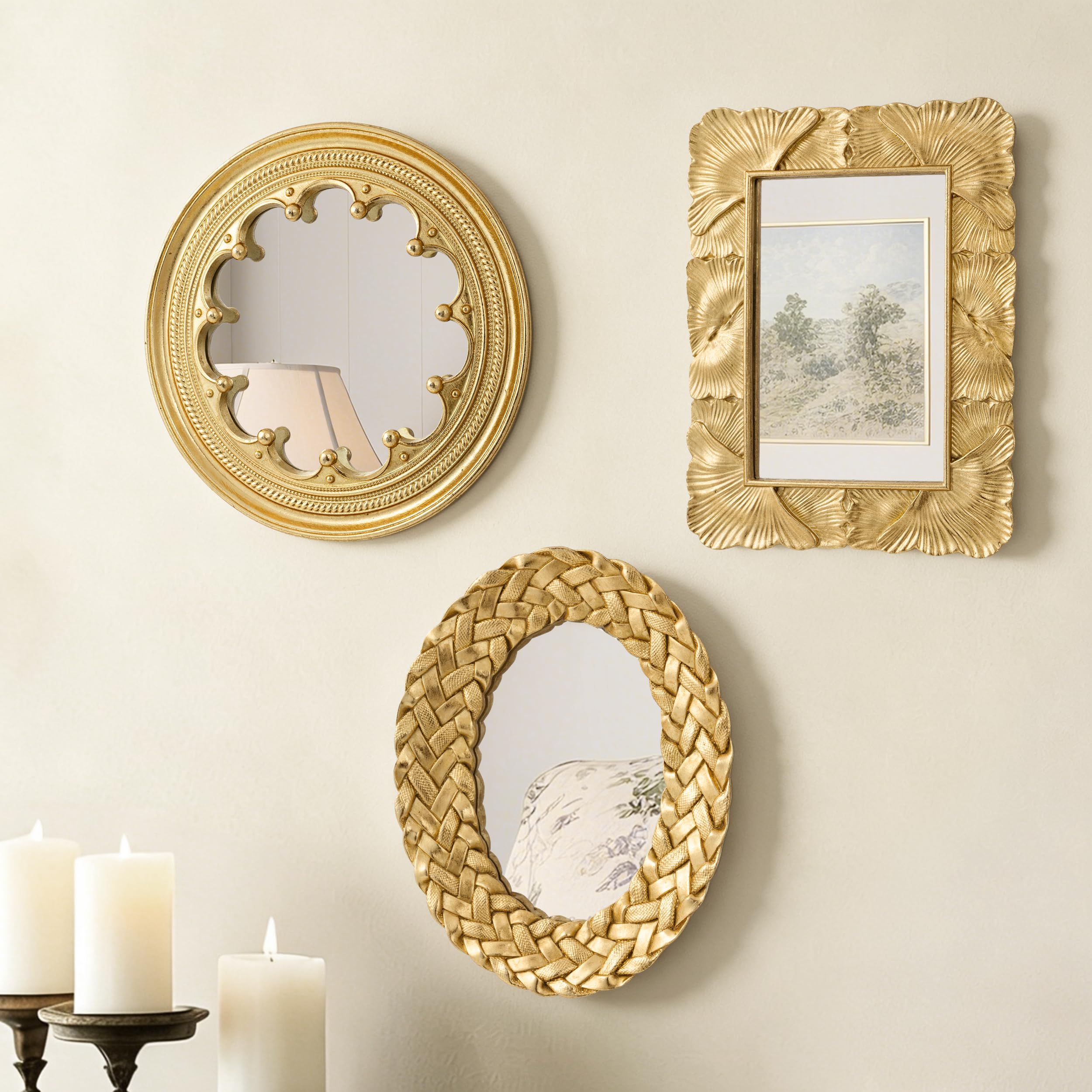 AELS Confezione da 3 piccoli specchi decorativi da parete in oro antico, decorazione da parete per la casa, set di 3 specchi decorativi da parete per soggiorno, ingresso e camera da letto