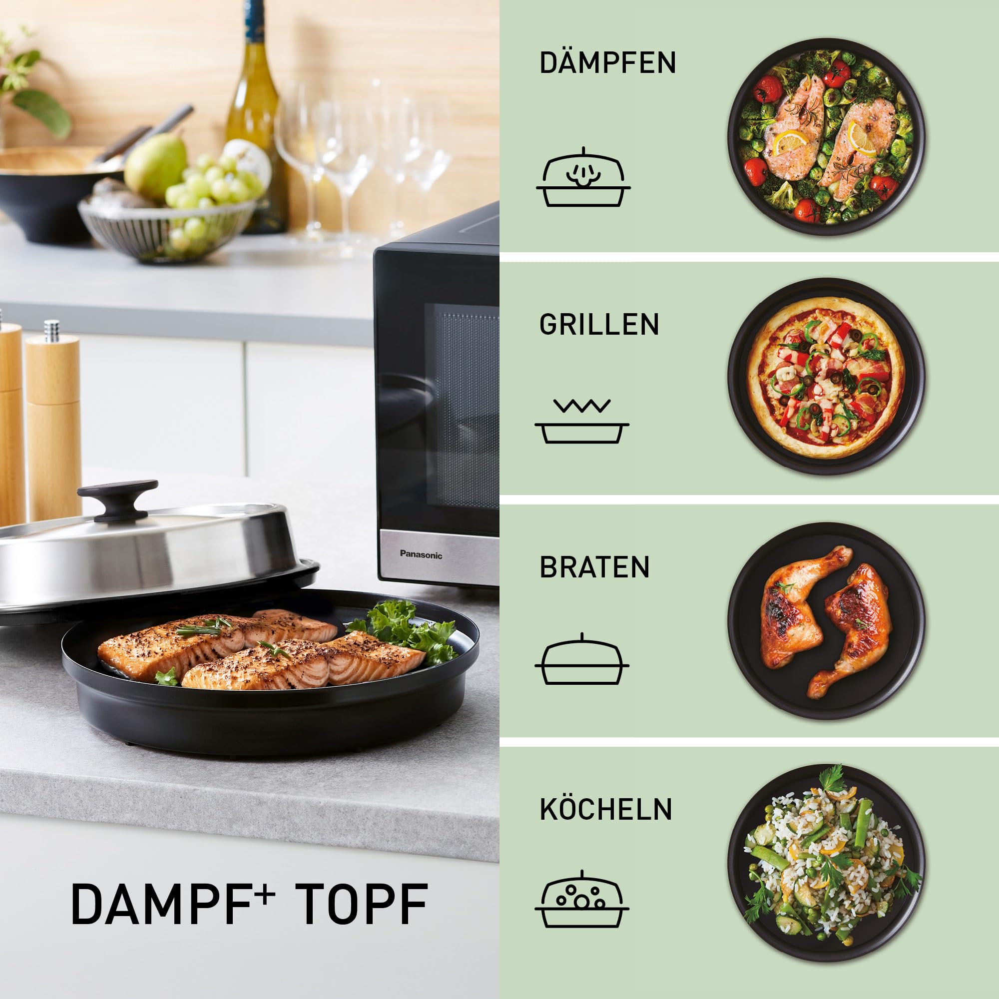 Panasonic NN-GD38QSEPG 29L Grill-Mikrowelle mit Steam+ Pot, 1000 W, automatisches Auftauen, Kombinationsgaren, Timer, Schwarz & Edelstahl