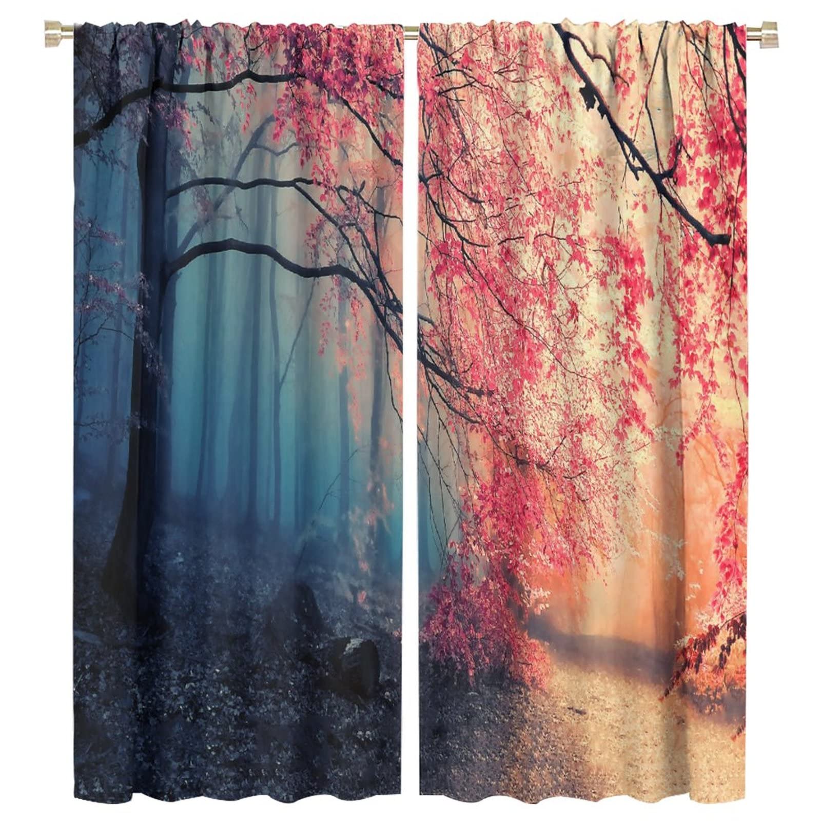 JESTRONRY Forest Kitchen Curtains,Misty Forest Landscape Print Pattern Blackout Window Door Curtains for Bedroom Living Room Home Decor,2 Panel Set W55xL63in