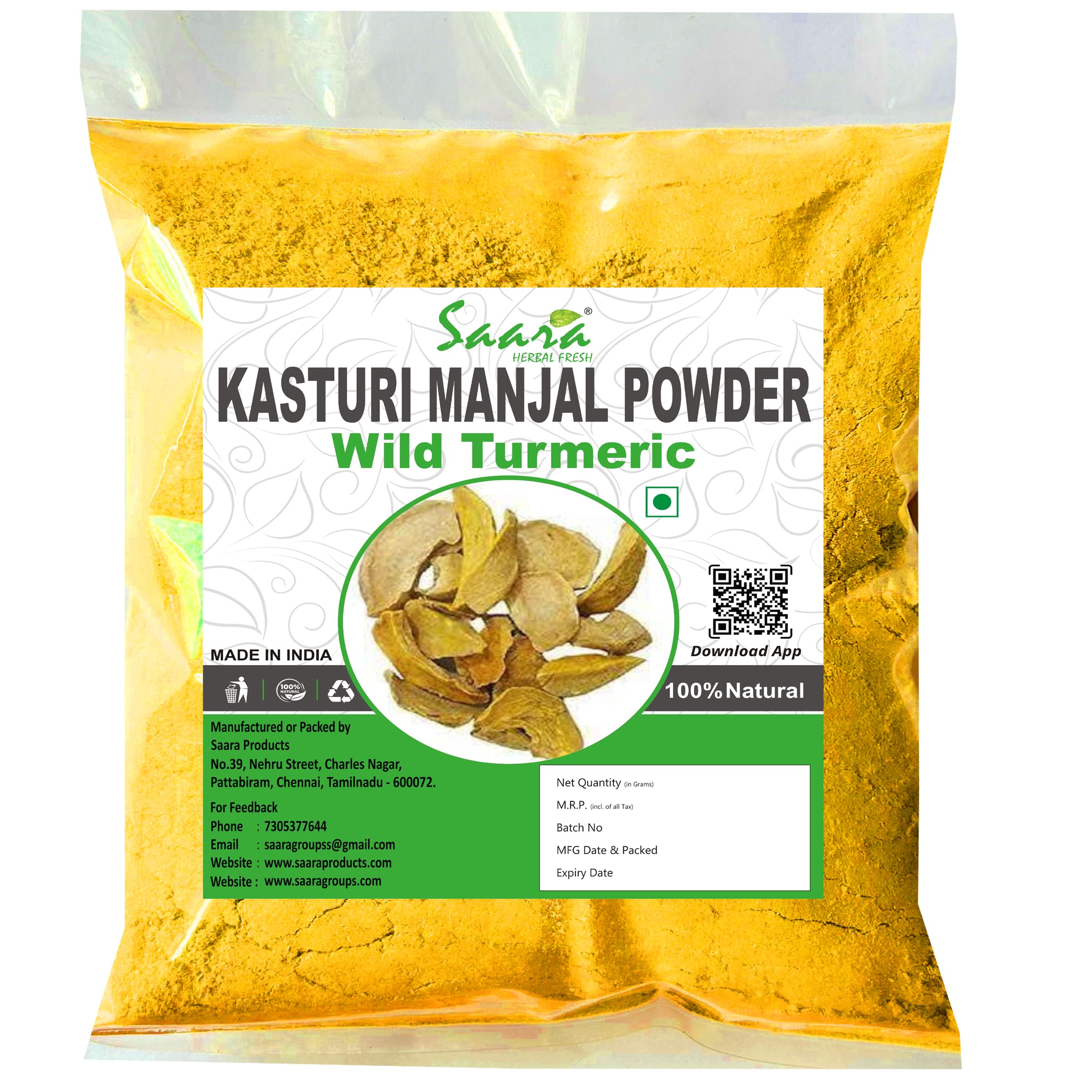 Saara HERBAL FRESH Kasturi Manjal Powder, 100g Wild Turmeric Root Powder, Kasthuri Haldi, Kasturi Turmeric Powder, For Skin & Face Care, (Pack of 1)