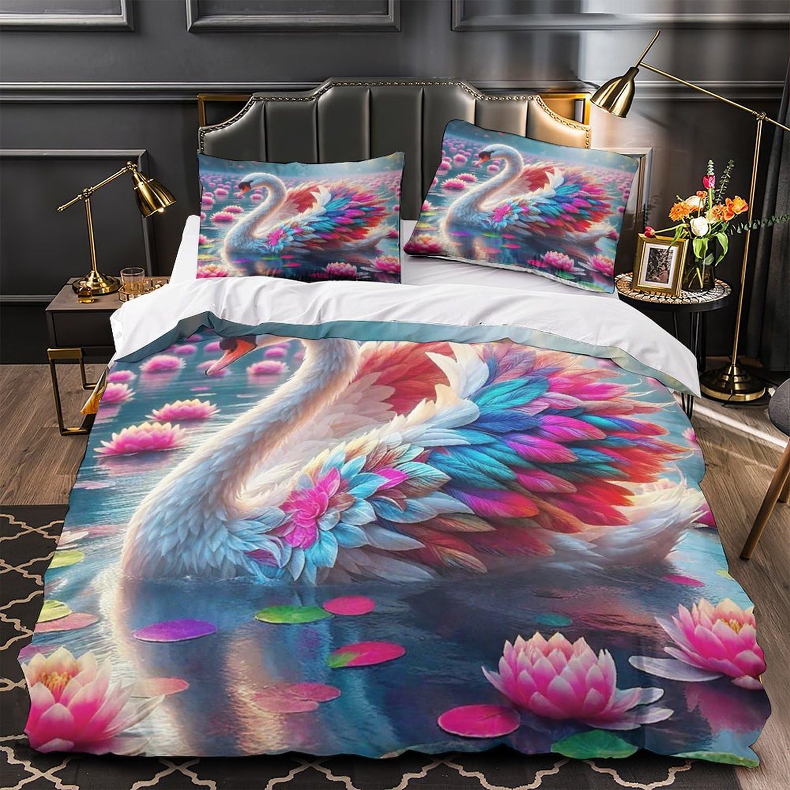 Housse de couette cygne 3D 200x200 cm en microfibre douce avec ses taies d'oreiller pour lit double