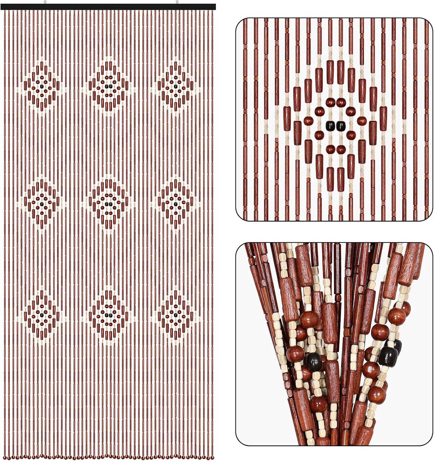 Boshen Bamboo Beaded Curtain Boho Bead Curtain 52 Strands 35.4x74.8inch Natural Wooden Door Bead Curtain Handmade for Doorway Hanging Door Beads Room Divider Home Decor