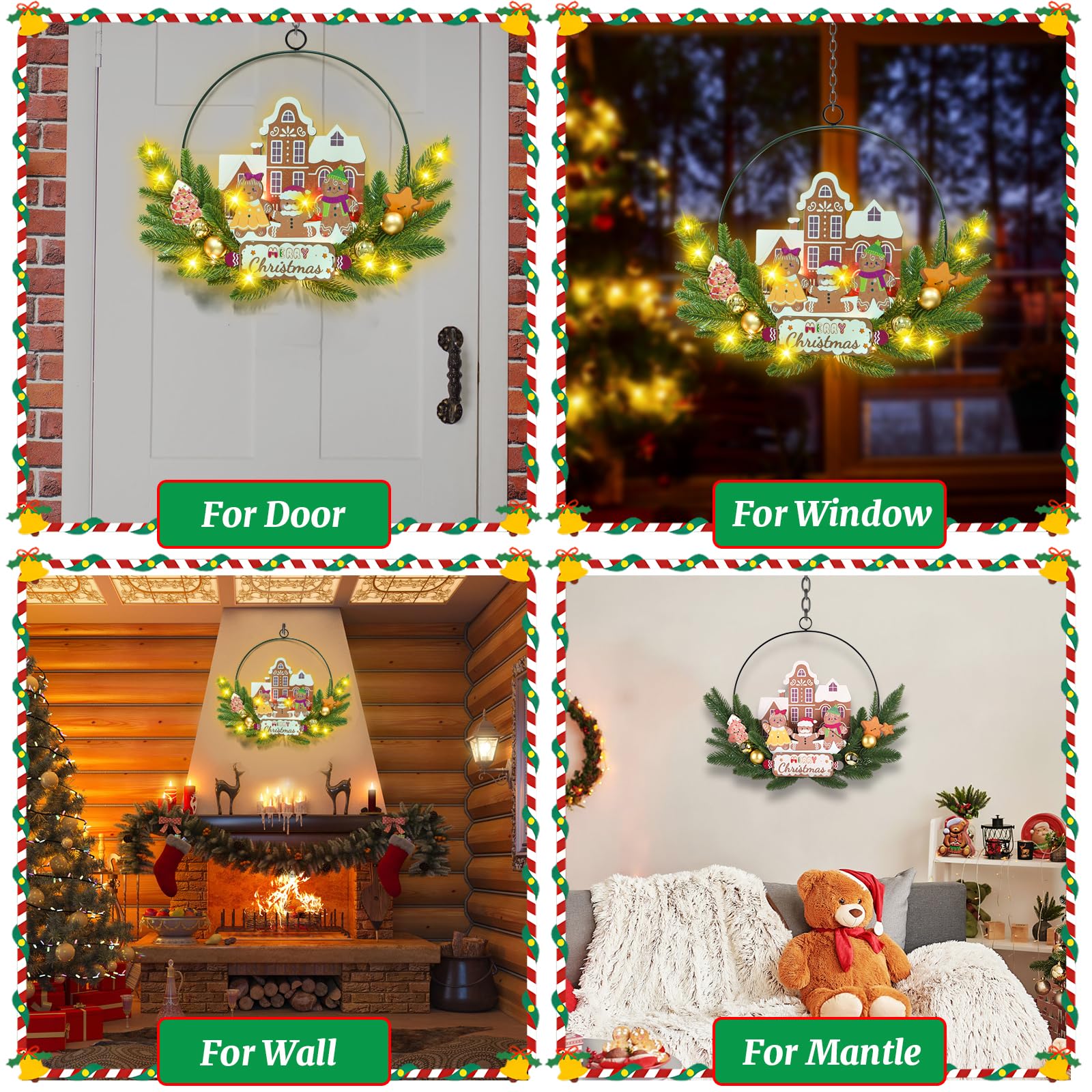 Couronne de Noël lumineuse pour porte d'entrée, couronne de bienvenue en métal et bois à suspendre, décoration murale lumineuse à 30 LED, fonctionne à piles pour Halloween, intérieur et extérieur