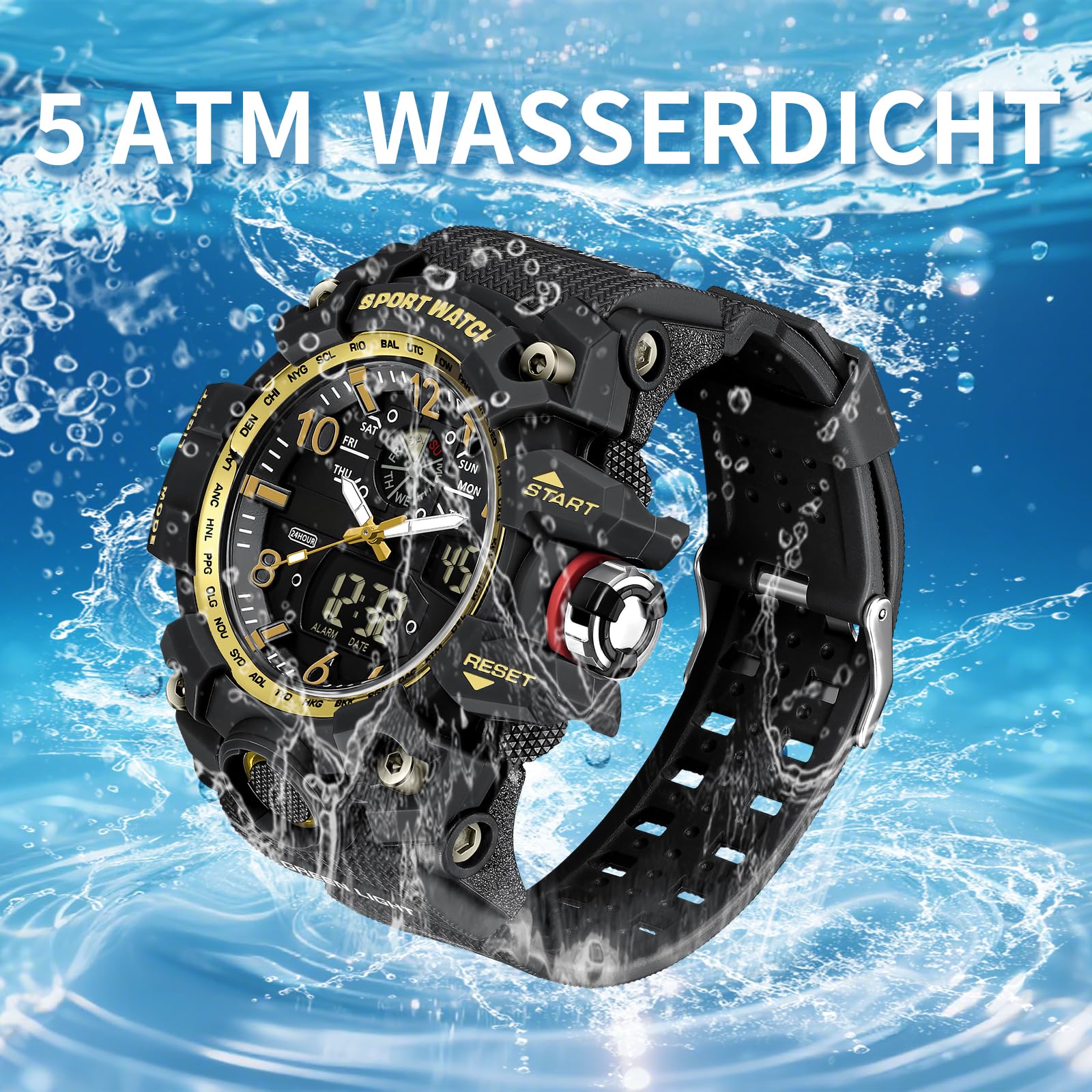 Montre de sport analogique numérique robuste pour homme, étanche 5 ATM, éclairage à quartz, résistante aux chocs, pratique pour la course, la randonnée, le camping