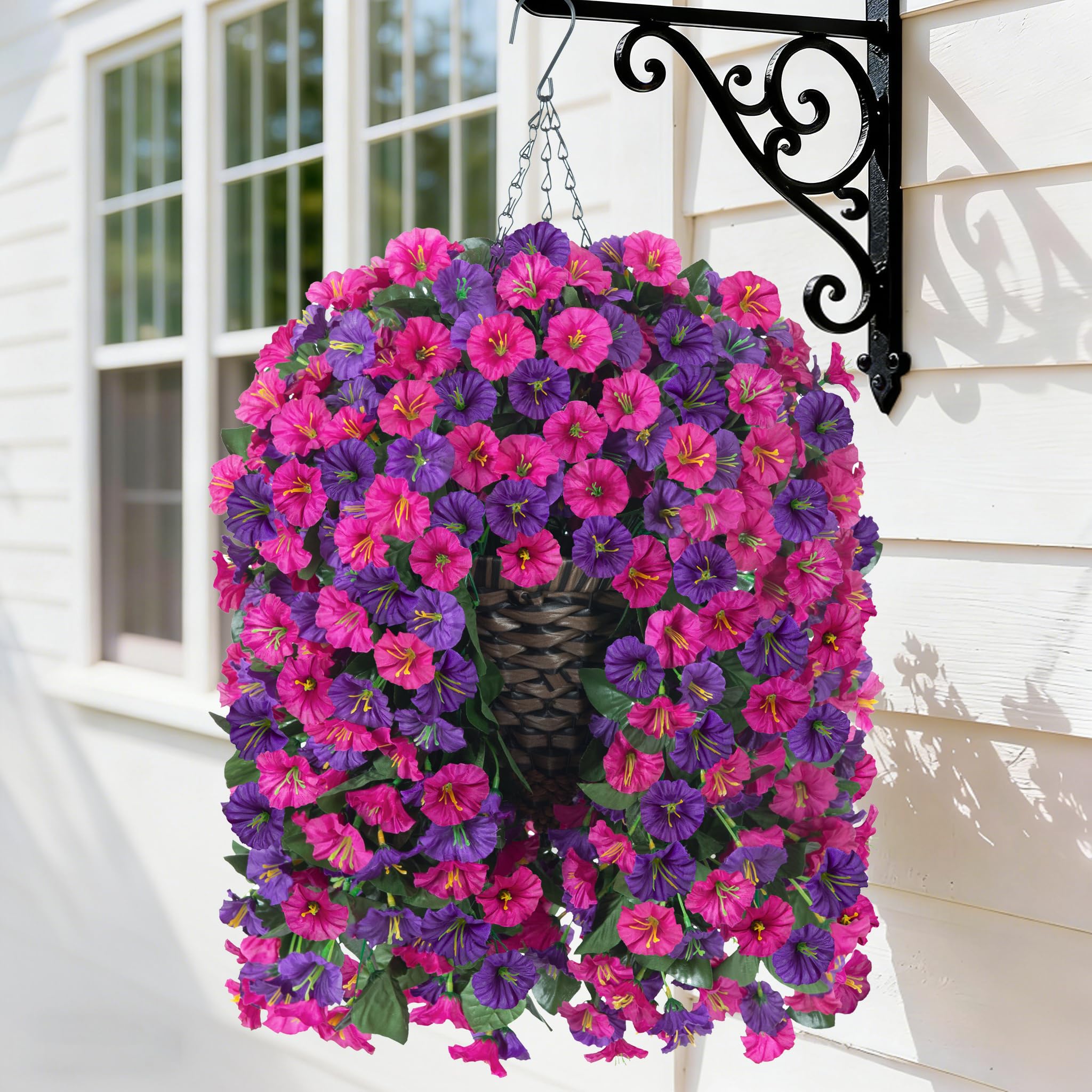 Photo 1 of Artificial Fake Hanging Flowers in Basket for Outdoor Indoor Decoration,UV Resistant Faux Silk Dark Purple and Fuchsia Morning Glory Plants Realistic Hanging Planter for Outside Home Porch Yard