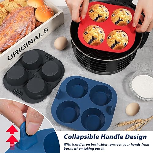 Miniatura 2 de Webake 3 piezas de molde para magdalenas de silicona para freidora de aire con 4 cavidades para freidora de aire, molde de silicona para huevos