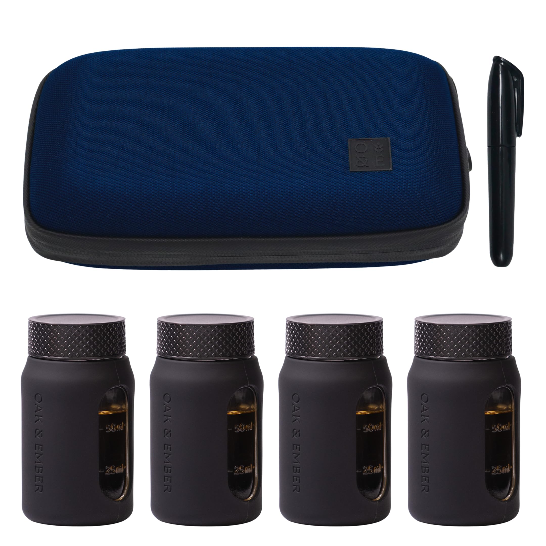 Oak & Ember Flight Flask Traveller II – Whisky Travel Set with 4 x 100ml Glass Flasks, Marker Pen & Water-Resistant Carry Case – Tasting Kit, Distillery Tour Accessory & Gift