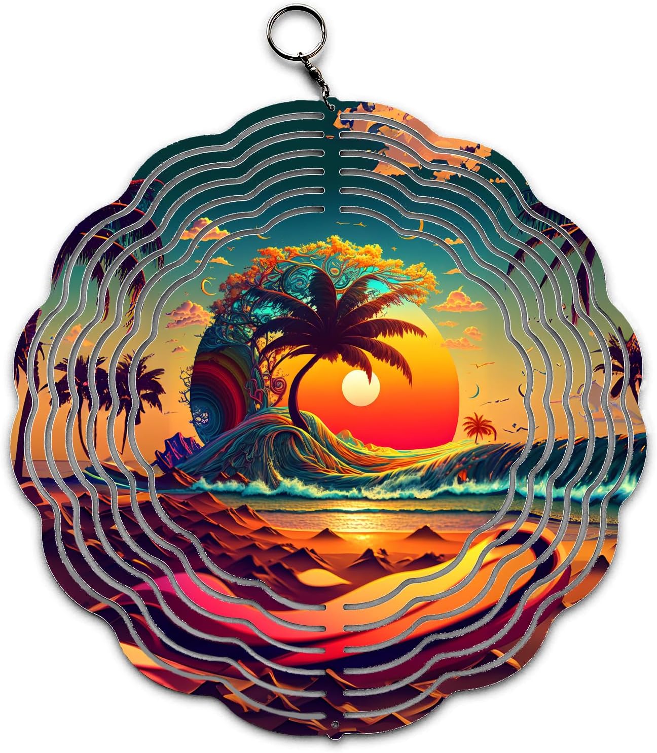 Hawaii Sunset Palm Trees Vectors Design Wind Spinner Art 10 inch for Garden Decor with Swivel Hook, Double Sided Circle Hanging Wind Spinner Nature Tree Design Hanger for Yard Porch Front Door