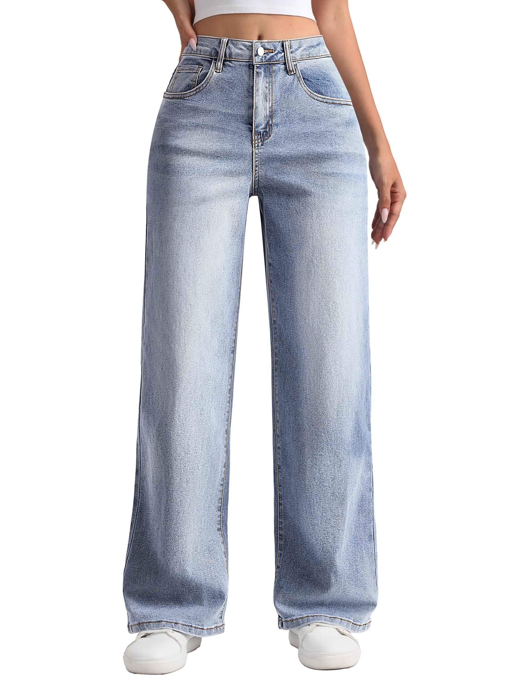 IWD Straight Leg Jeans for Women Stretchy Baggy Wide Leg Denim Pants 29" Inseam, Baggy Wide Leg Jeans, Relaxed Casual Loose Fit, Soft Stretchy Denim Trousers, Mid-high Rise, Basic 5 Pockets