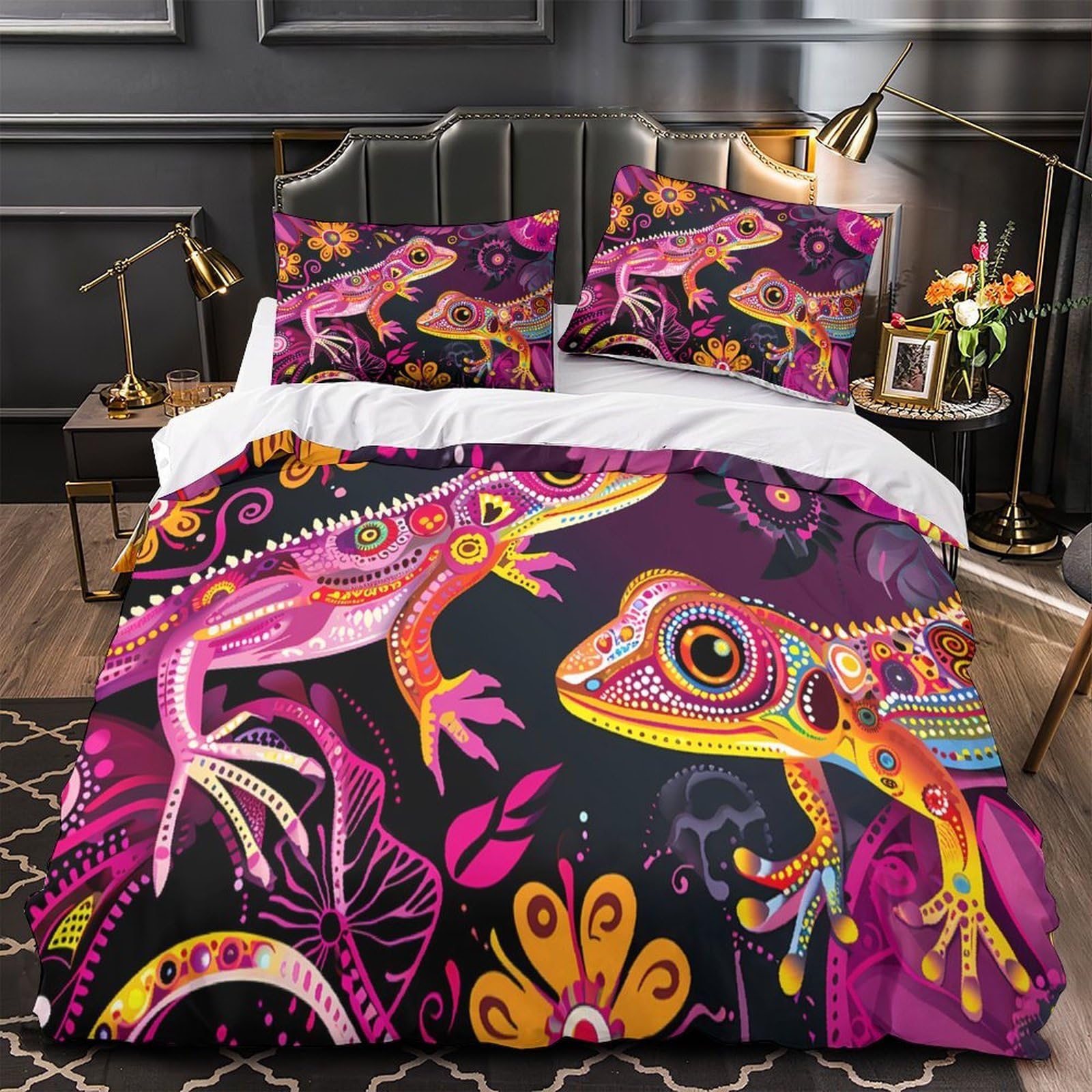 Housse de couette 140x200 anti-allergie et douce motif lézard vibrant