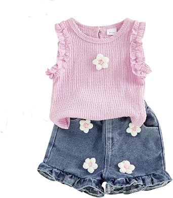 YINGISFITM Toddler Baby Girl Clothes Summer Floral Print Sleeveless Shirt Tank Top Jeans Shorts Cute Outfit Girls Clothing