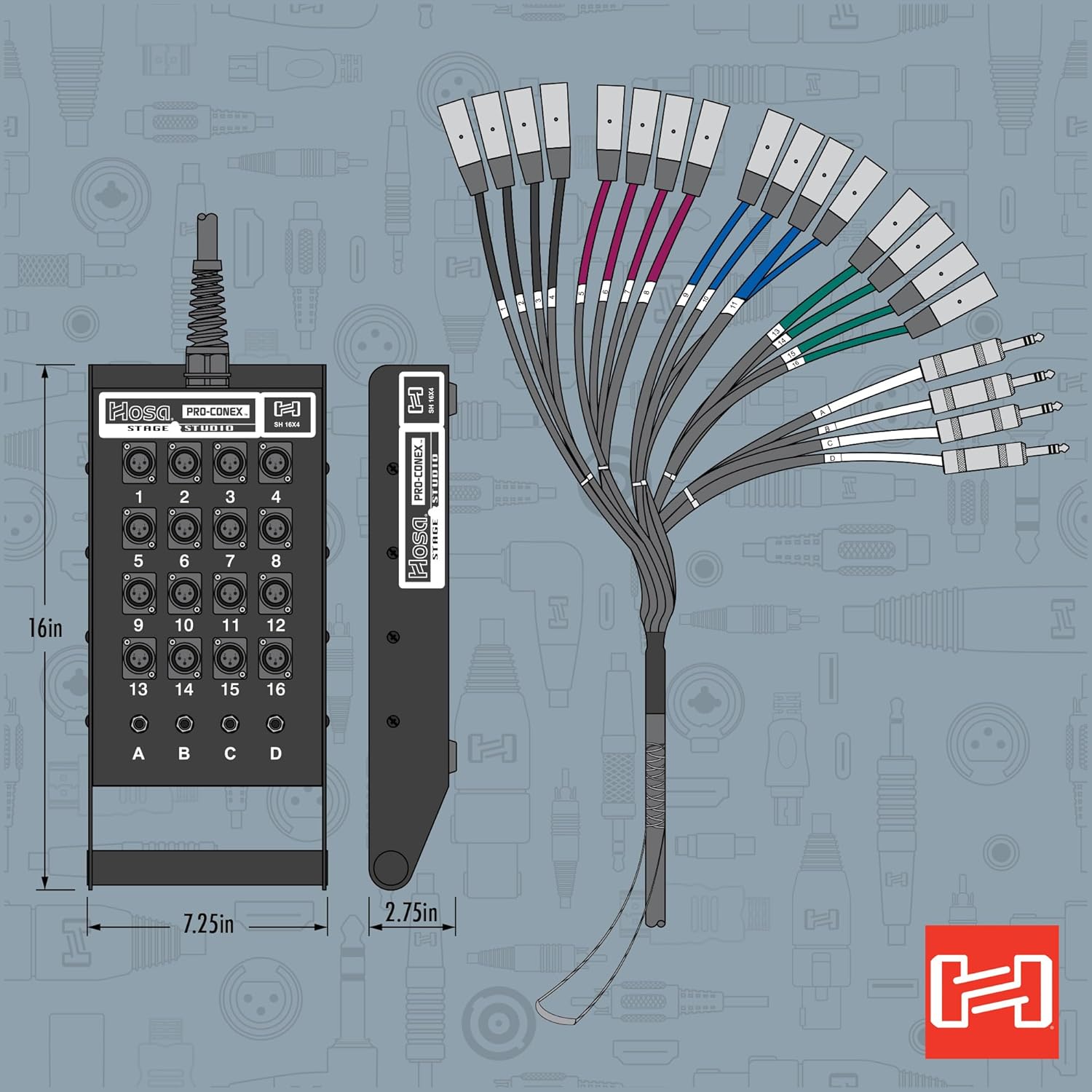 Hosa SH-16X4-100 Pro-Conex Stage Box Snake, Hosa 16 x XLR Sends and 4 x 1/4" TRS Returns, 100 Feet