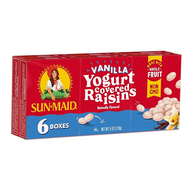 Sun-Maid Vanilla Yogurt Coated Raisins - 6 Pack 1 oz Snack-Size Box - Yogurt Covered Dried Fruit for