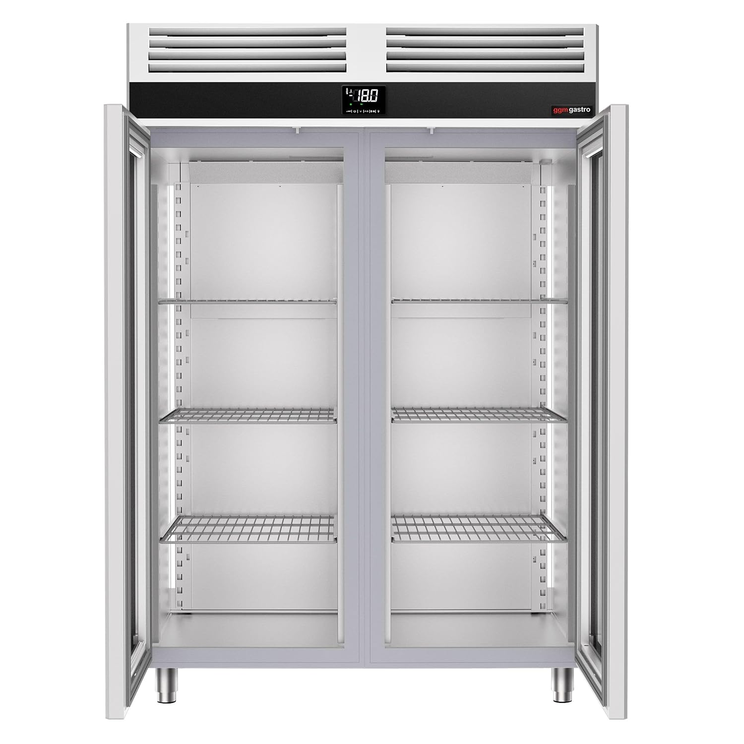 Interior view of the GGM Gastro TF1400NDG-EF freezer with both glass doors open, revealing multiple adjustable wire shelves.
