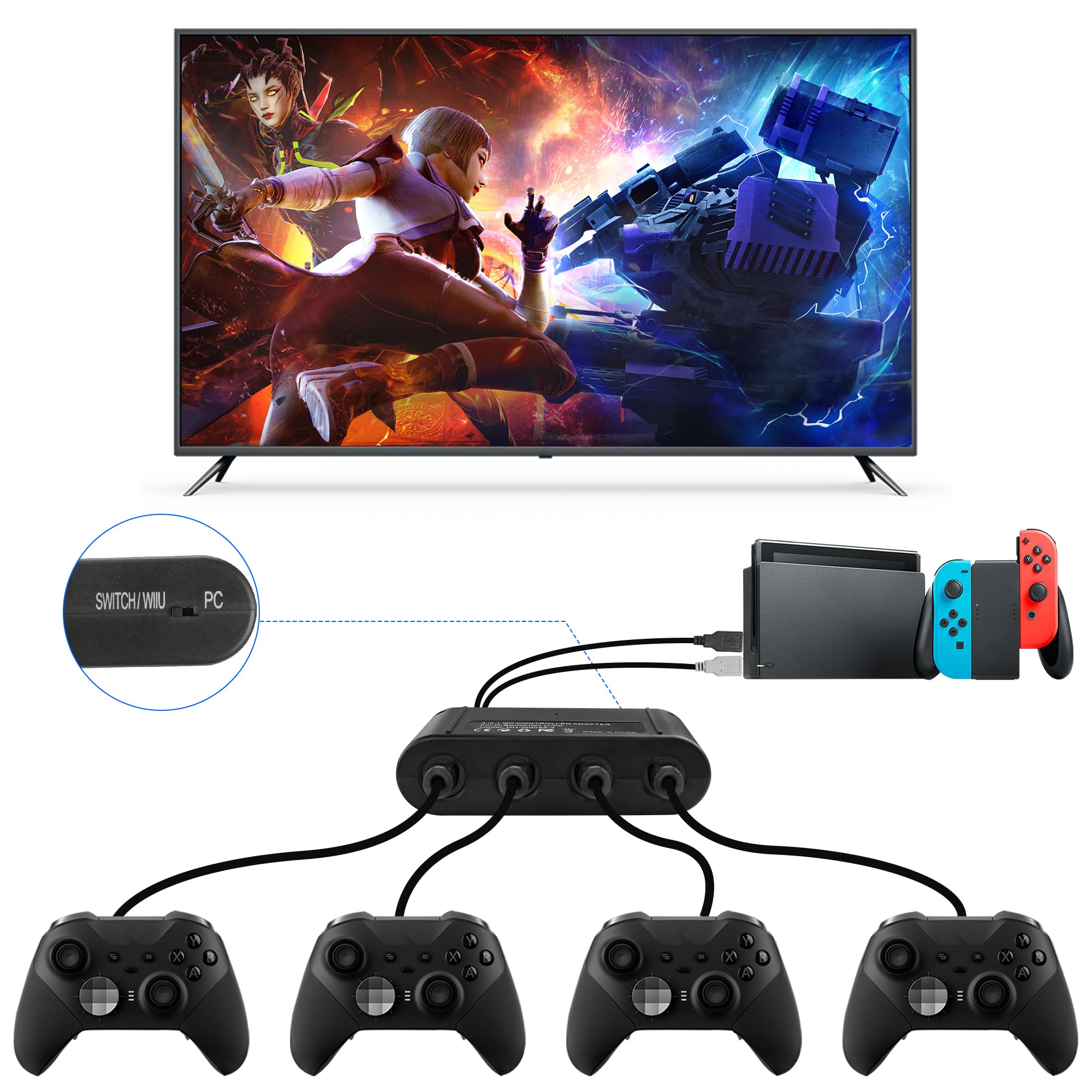 MEIRIYFA Adattatore controller per GC, compatibile con Switch Super Smash Bros NGC Adattatore per WII U/PC USB & Switch con 4 porte/Turbo e caratteristiche di vibrazione