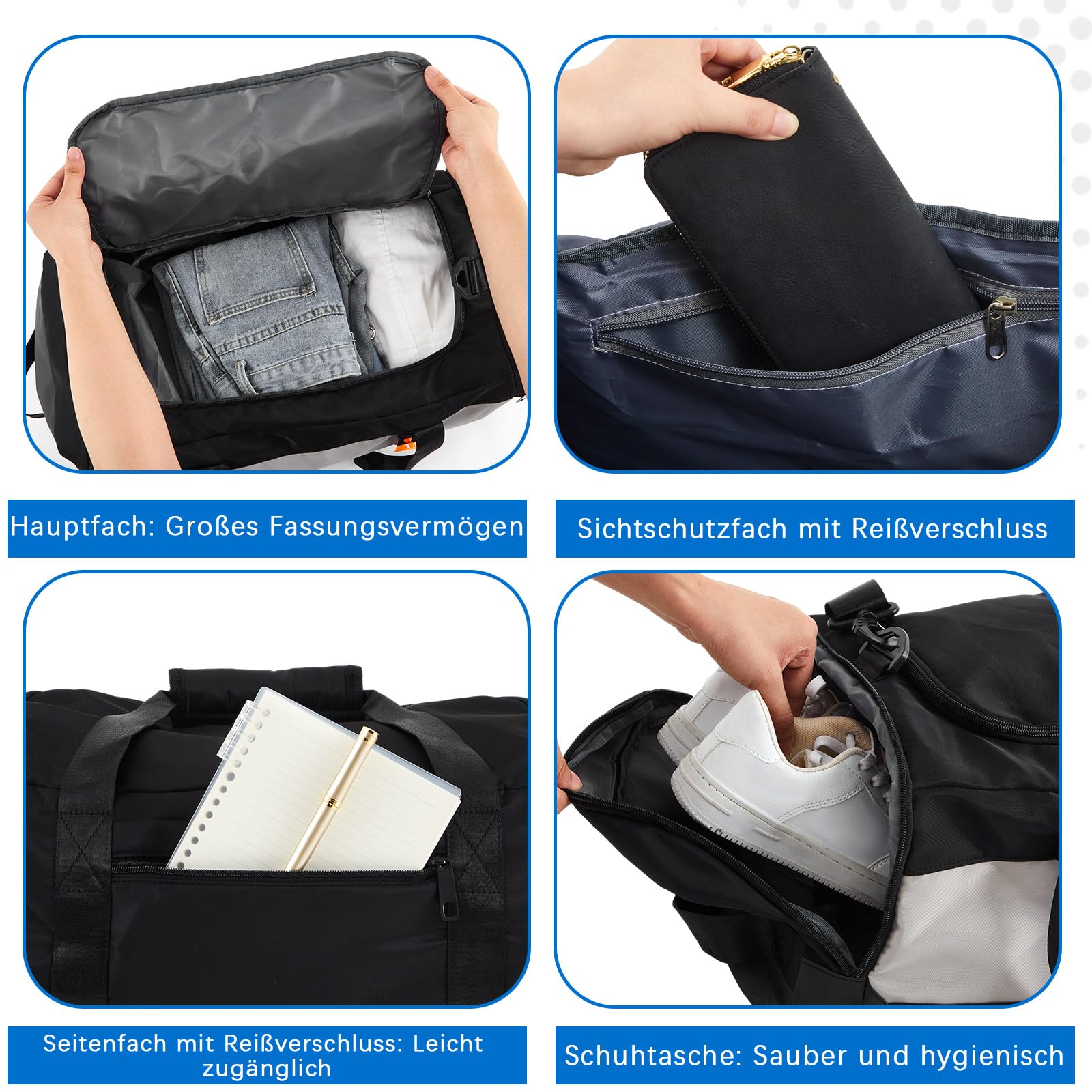 Weewooday Lot de 4 Sacs pour Coffre de Toit 60 cm 54L Duffel avec 4 Fermetures Éclair de Marquage d'Identification Sac de Voyage Noir avec Compartiment à Chaussures pour Coffre Toit de Voiture(Mode)