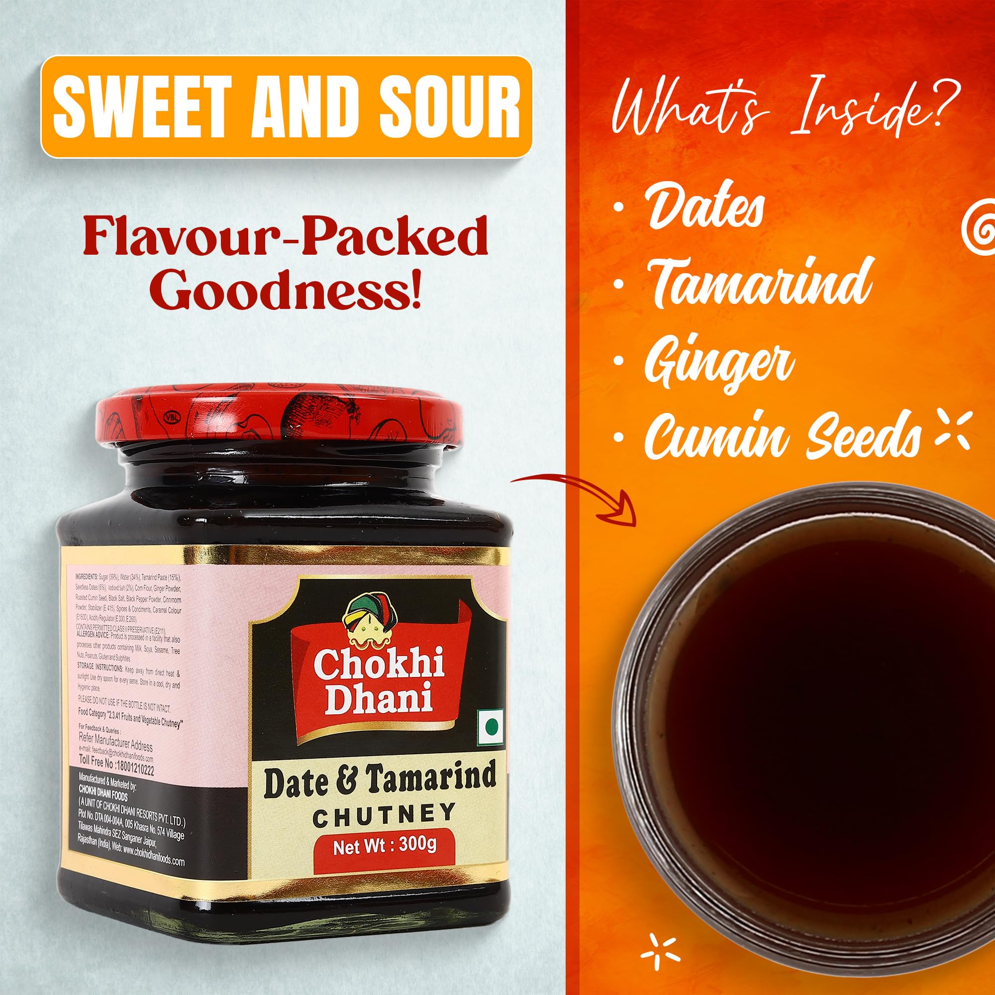 Chokhi Dhani Tamarind Date Chutney 300g Each (Pack of 2) | Authentic Imli Khajoor Ki Khatti Meethi Chutney | Sweet & Tangy Dip for Chaat, Samosa & Snacks | Jain-Friendly | No Preservatives 1