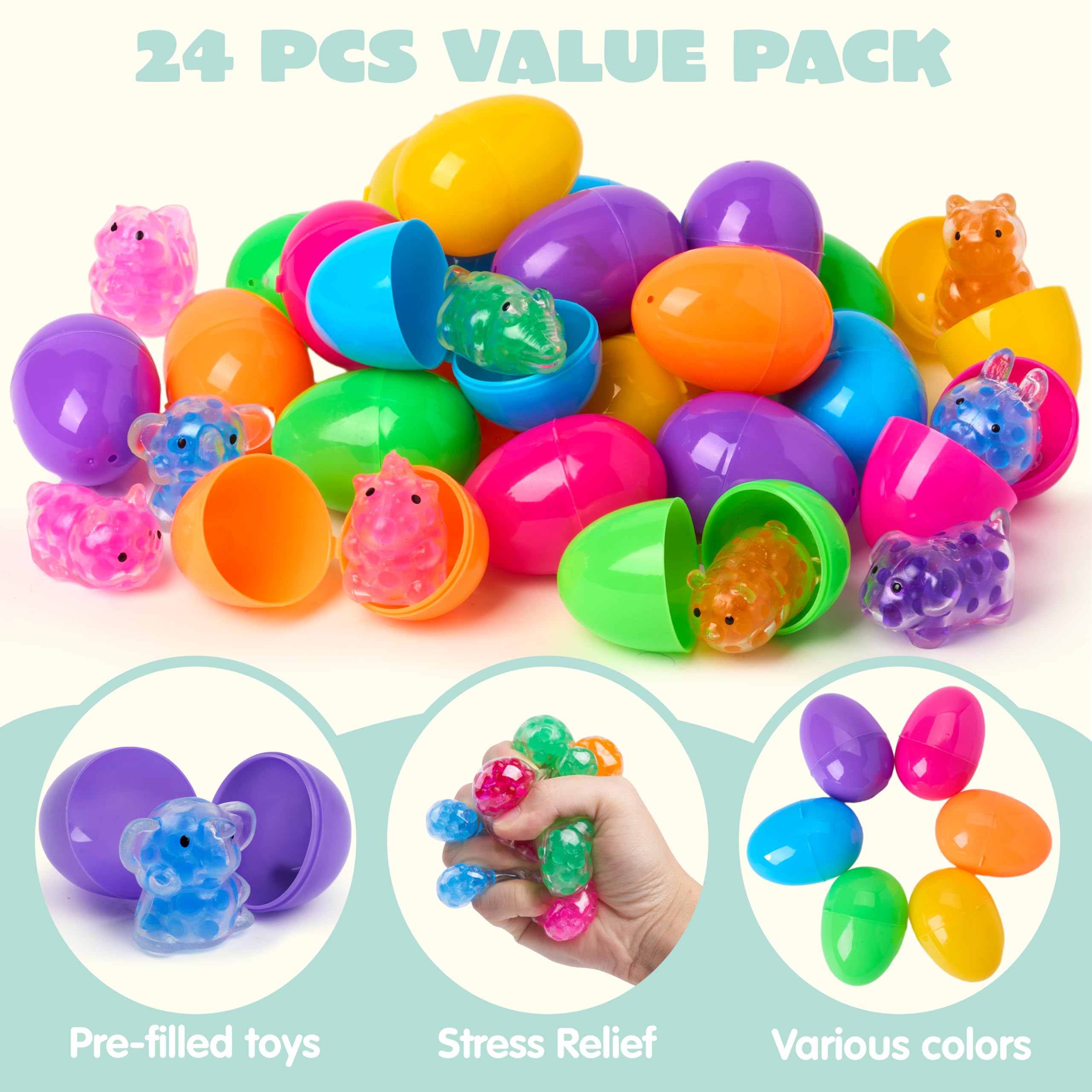 JOYIN Lot de 24 œufs de Pâques pré-remplis avec jouets à écraser mochi pour la chasse aux œufs de Pâques, remplissage de panier, cadeau de fête, soulagement du stress, prix pour la salle de classe