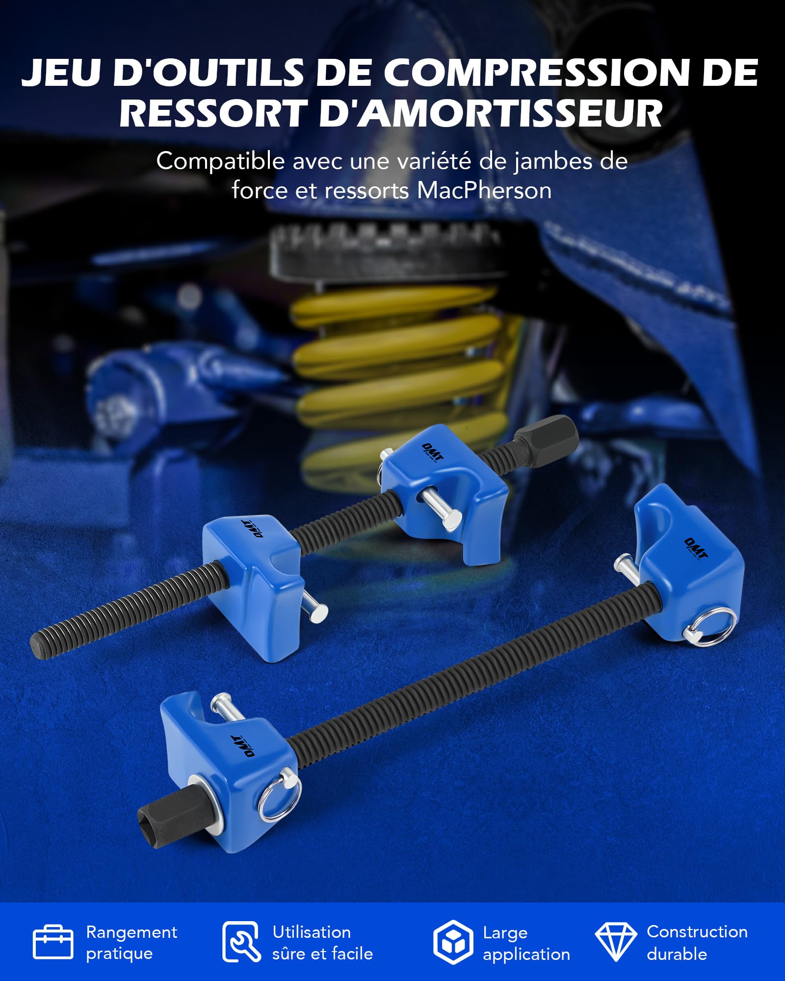 Orion Motor Tech Compresseur de Ressort d'Amortisseur, Kit de 2 Compresse-Ressorts Professionnel pour Jambe de Force Macpherson, Capacité 265mm, Carré 1/2" et Hex 13/16" avec Goupilles de Sécurité
