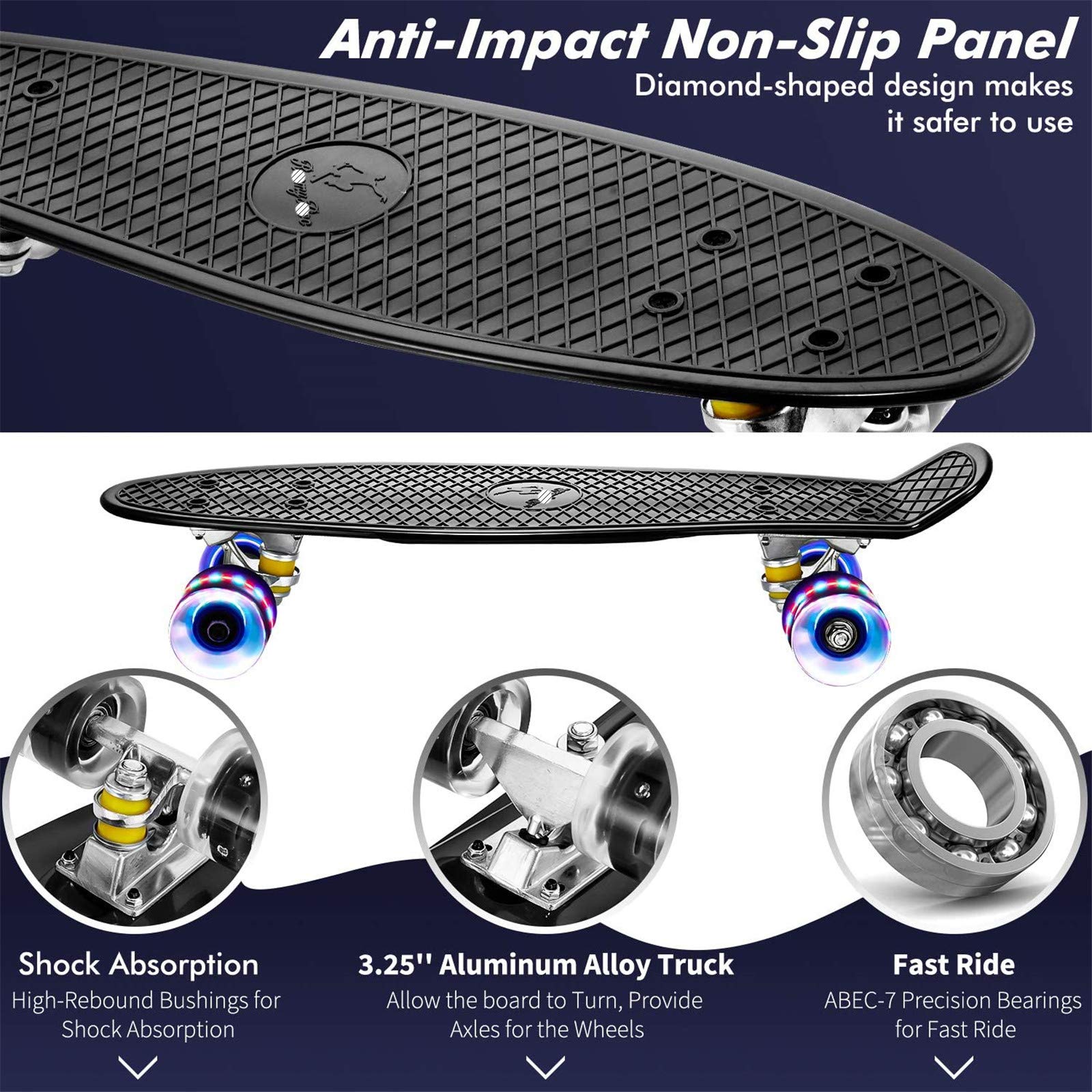 Skateboard Complet Mini Cruiser Planche À roulettes en Plastique 22 Pouces pour Enfants Garçons Filles Débutants Adolescents Adultes, LED Light Up Wheels avec Roulements Et Tout-en-Un Skate T-Tool