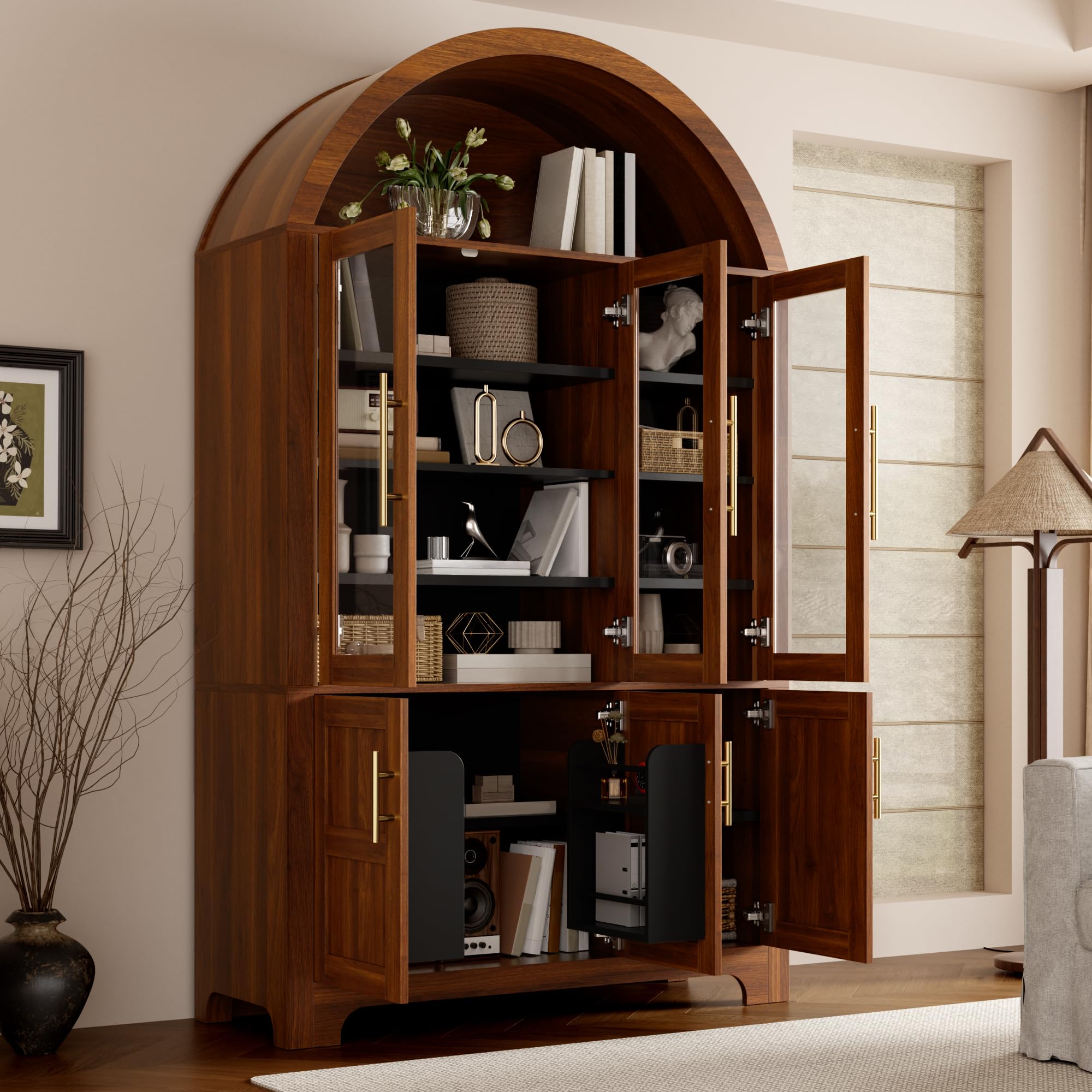 Credenza moderna verticale, PB+MDF, nicchia ad arco superiore, 3 vetrine in vetro, 3 scomparti chiusi, ripiani regolabili, maniglie in alluminio, armadio multifunzione per la casa, noce