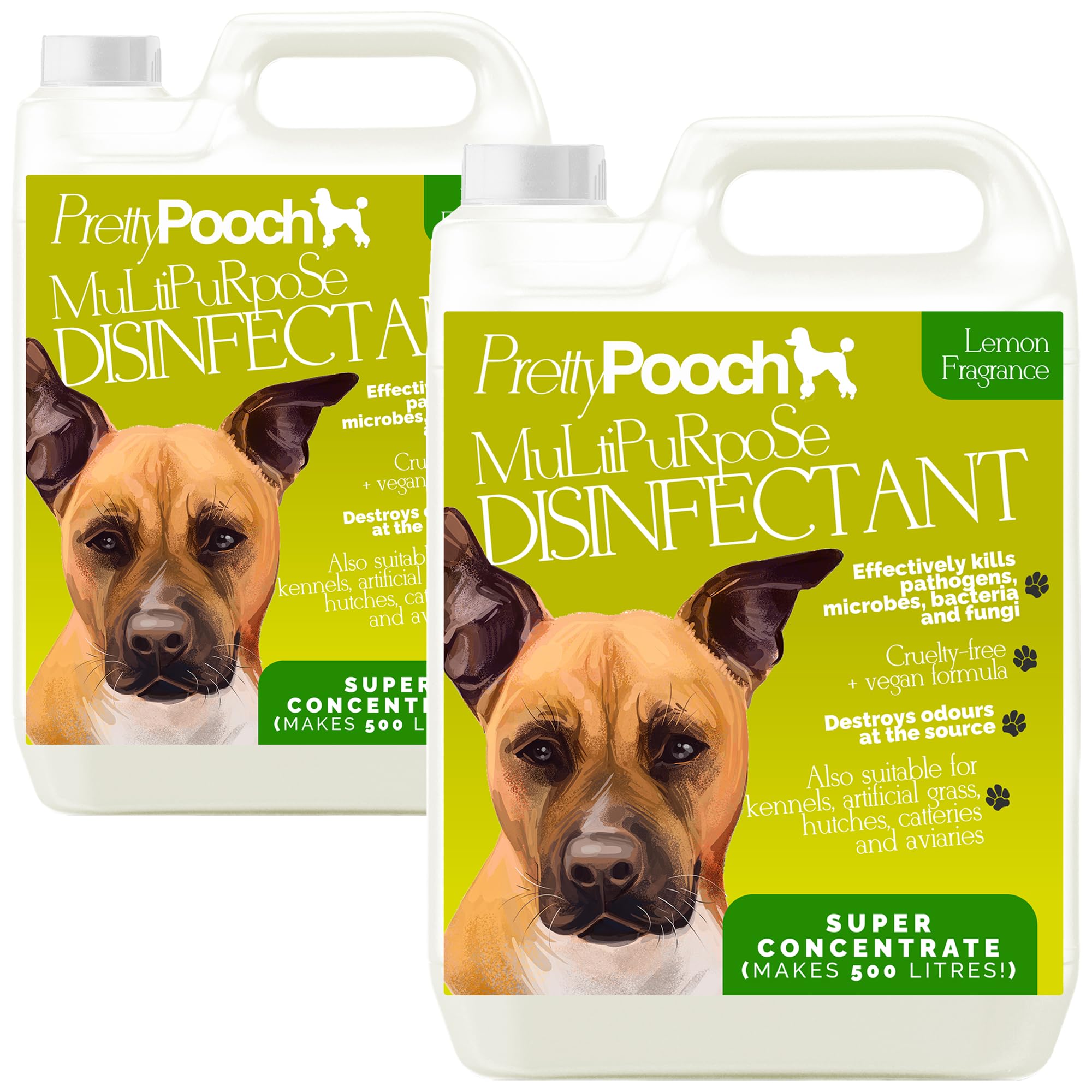 Pretty Pooch Multipurpose Disinfectant - Cleaner, Sanitiser, Deodoriser - Concentrated Formula - For Use in Kennels, Catteries, Hatches - Cruelty Free Formula - 2 x 5L (Lemon)