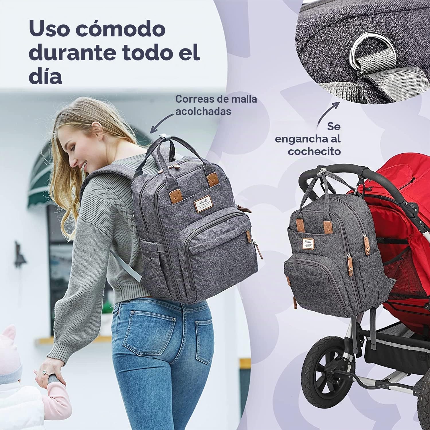 RUVALINO Mochila porta pañales Mochila grande para pañales con bolsa multifuncional para el bebé y cambiador móvil - Portachupetes - para mamá y papá, Talla única