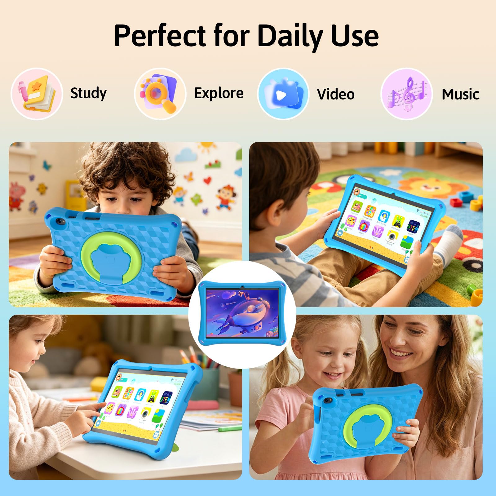 Tablet Android 15 per bambini con custodia, tablet da 10 pollici per bambini, 8 GB di RAM 32 GB ROM 1 TB espandibile, batteria lunga 6000 mAh, schermo HD IPS, doppia fotocamera, controllo genitori