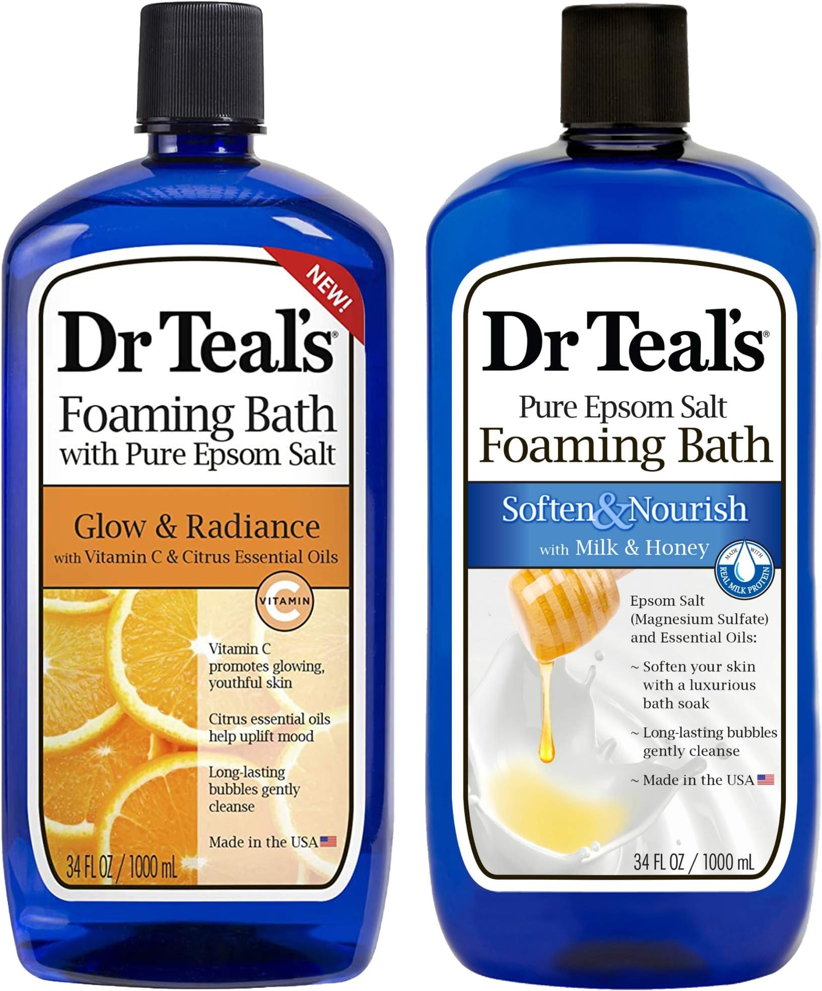 Dr Teal's Foaming Bath Variety Gift Set (2 Pack, 34oz Ea) - Soften & Nourish Milk & Honey, Glow & Radiance Vitamin C & Citrus - Essential Oils Blended with Pure Epsom Salt Ease Aches & Relieves Stress