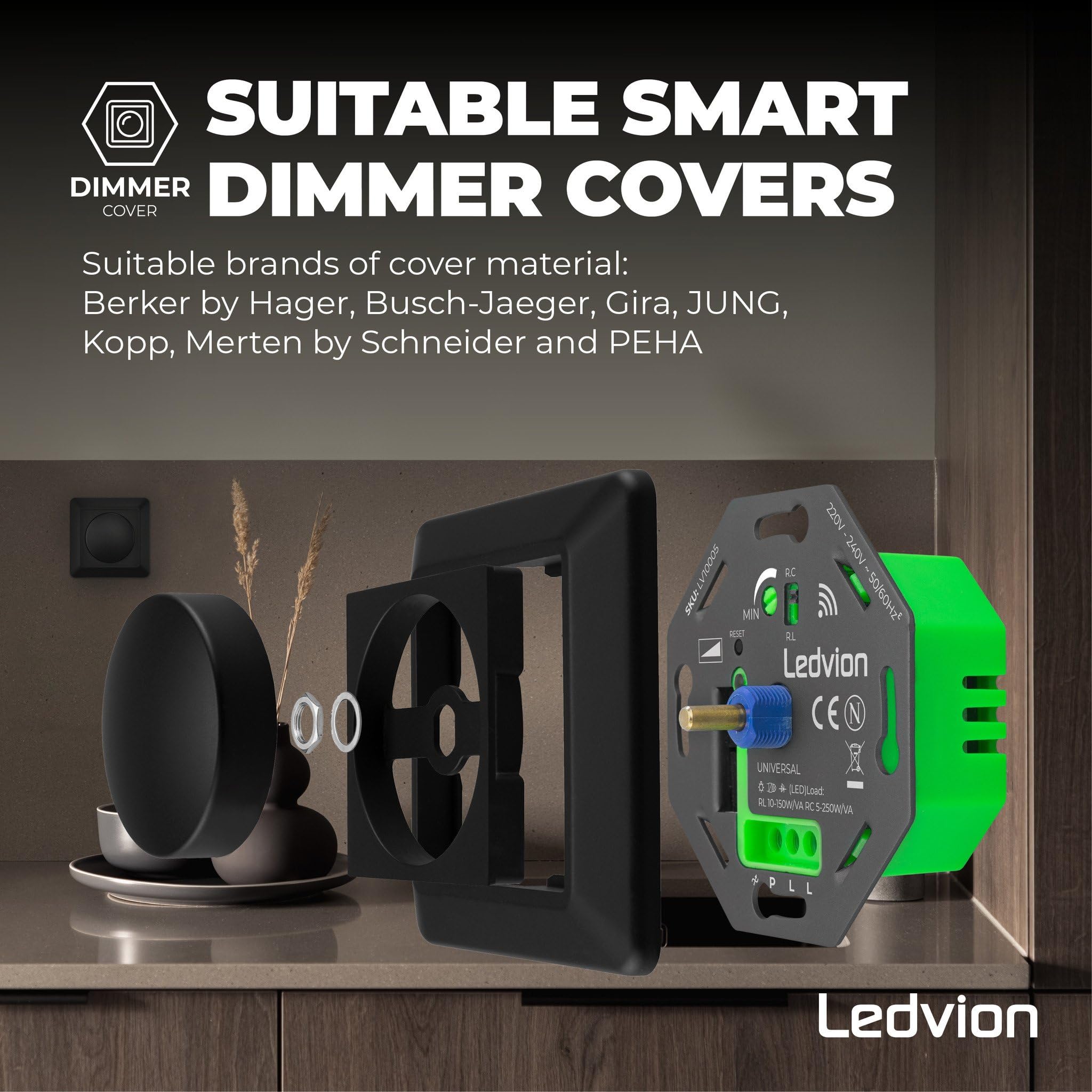 Ledvion - Interruttore Intelligente LED, LED 5-250W, Copertura Nera, Taglio di Fase, Dimmer Rotativo da Incasso, Variatore Rotativo LED