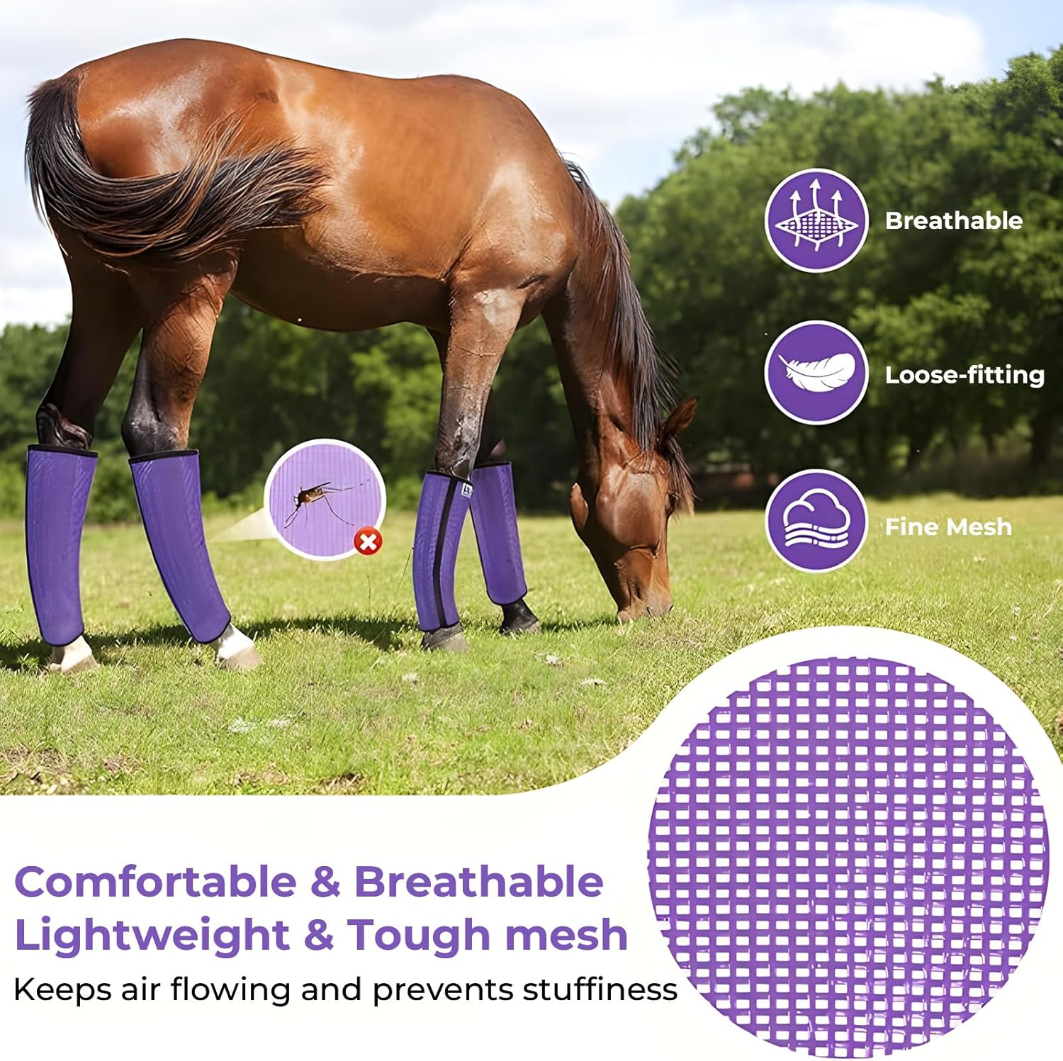 Mesh Horse Fly Boots Set of 4，Adjustable and Universal Loose Fitting & Non-Slip Horse Fly Leggings for Horses,Reduce Stressful Stomping (Purple) thumbnail