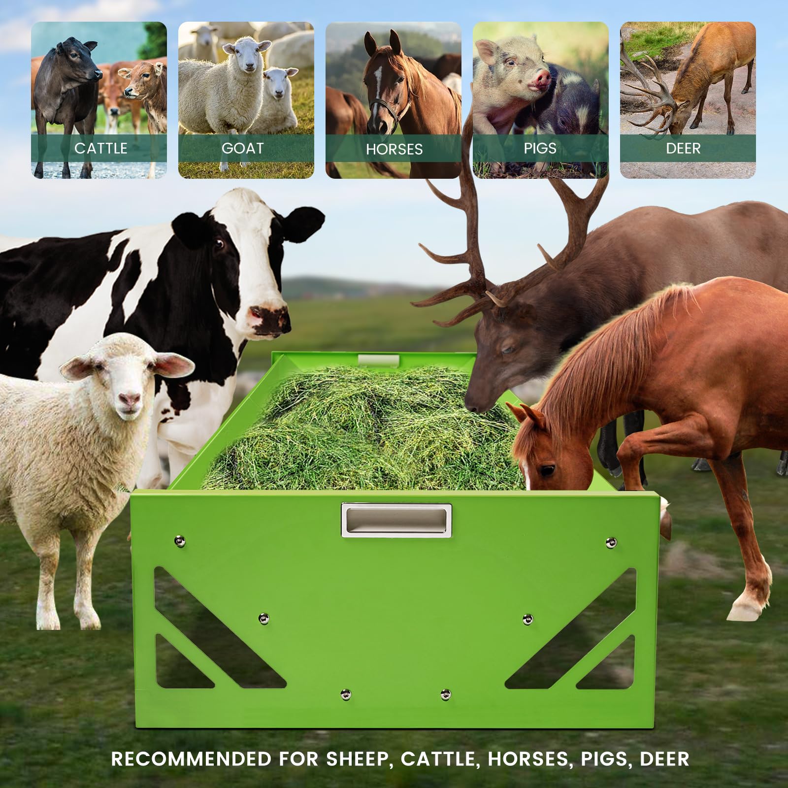 Comedero para Ovejas y Cabras 138*54*20cm Portátil Comedero de Heno para Ganado Gran Capacidad Metálico Alimentador de Heno Para Cabras Fácil de Limpiar (Verde)