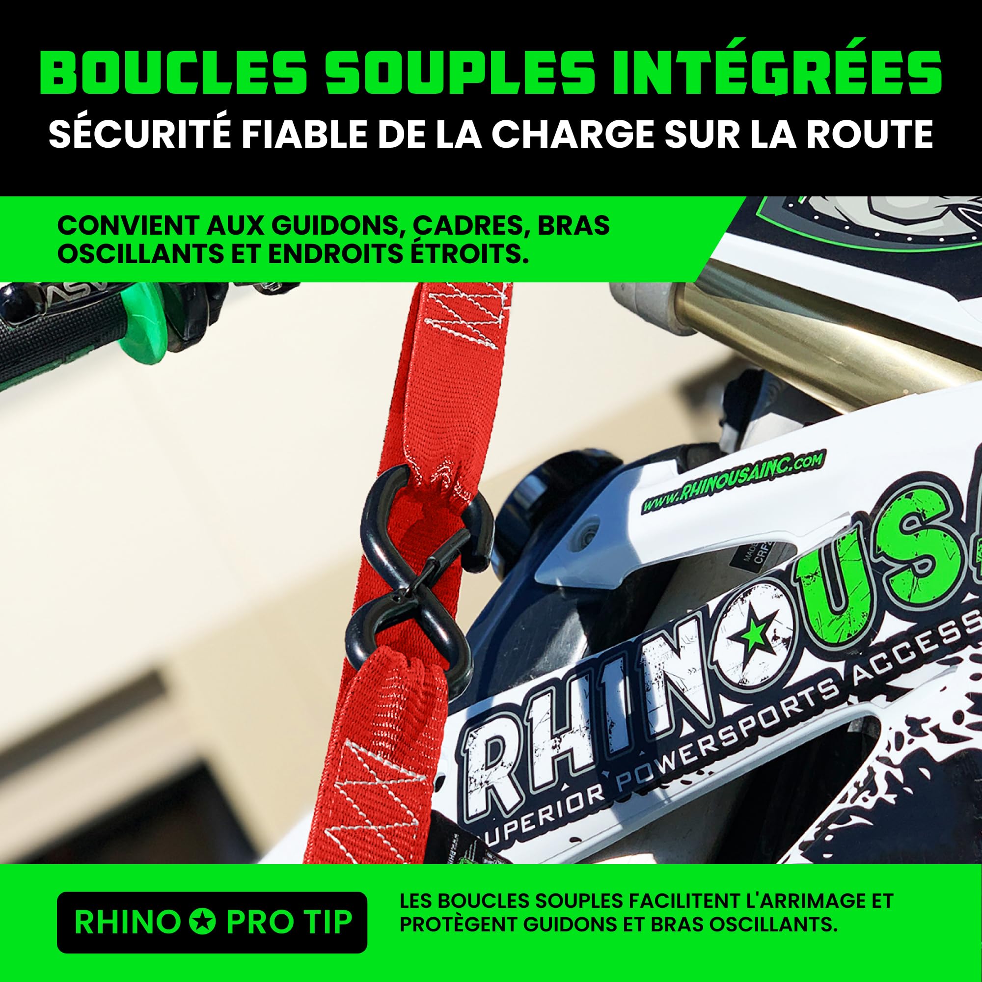 Rhino USA Lot 2 Sangle Arrimage Moto - Testées en Laboratoire Résistance à la Rupture de 1000 kg- Sangles d'Arrimage Acier avec Boucles Souples pour Remorque Guidon - Rouge