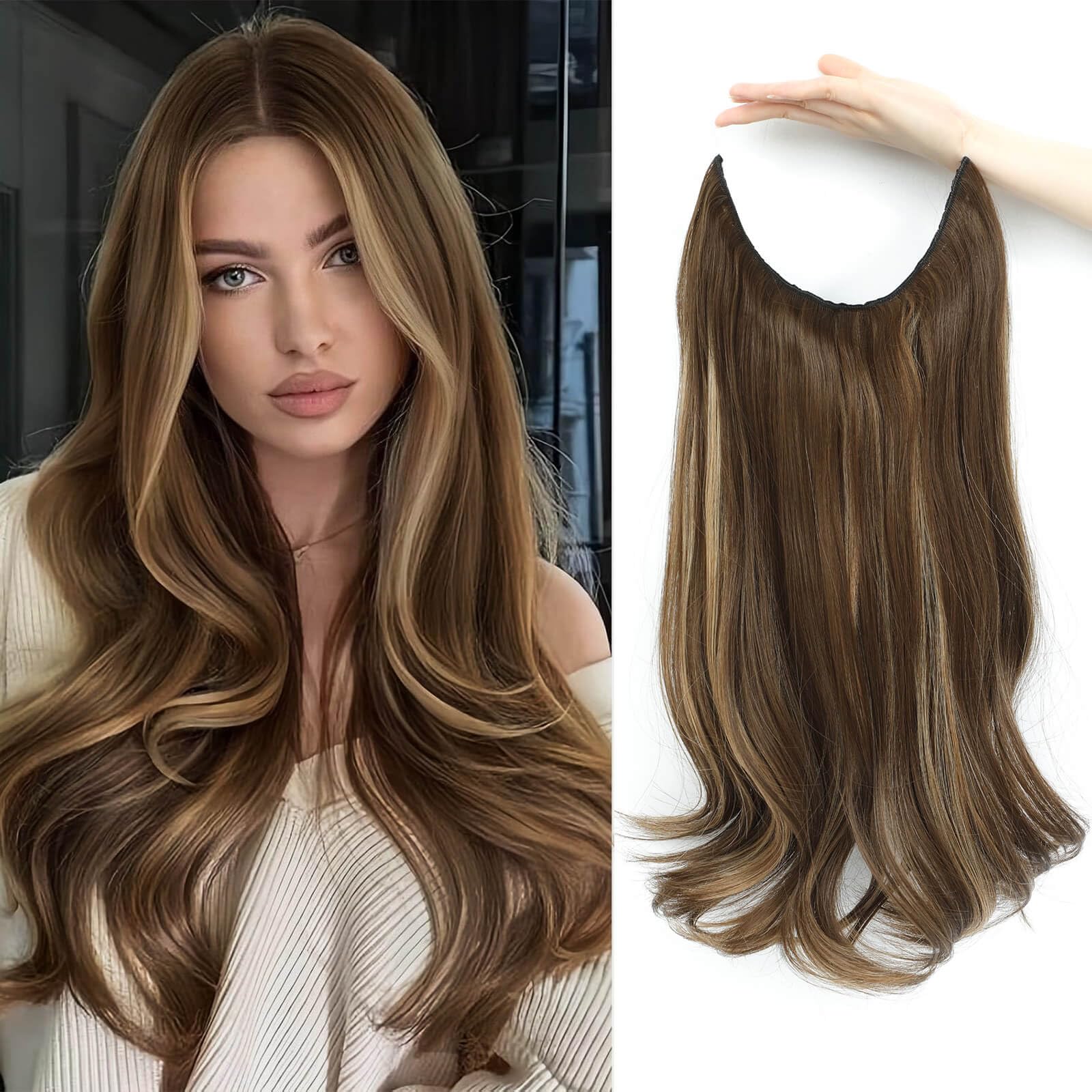 Flyroseing 18 Inch Halos Hair Extension, Body Wavy Brown Hair Extensions