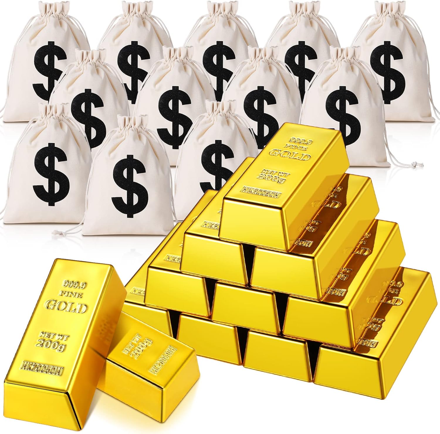 24 Pcs Fake Gold Bar Set Includes 12 Pcs 2.4inch Mini Replica Brick 12 Pcs Drawstring Pouch Bag 6.3x4.8inch Halloween Pirate Costume Prop