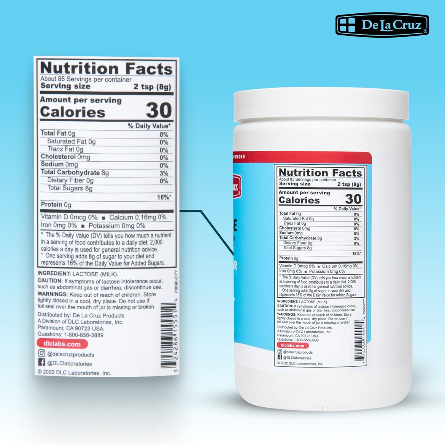 De La Cruz Lactose Powder - Pure Lactose Monohydrate Milk Sugar NF Grade, 24 OZ