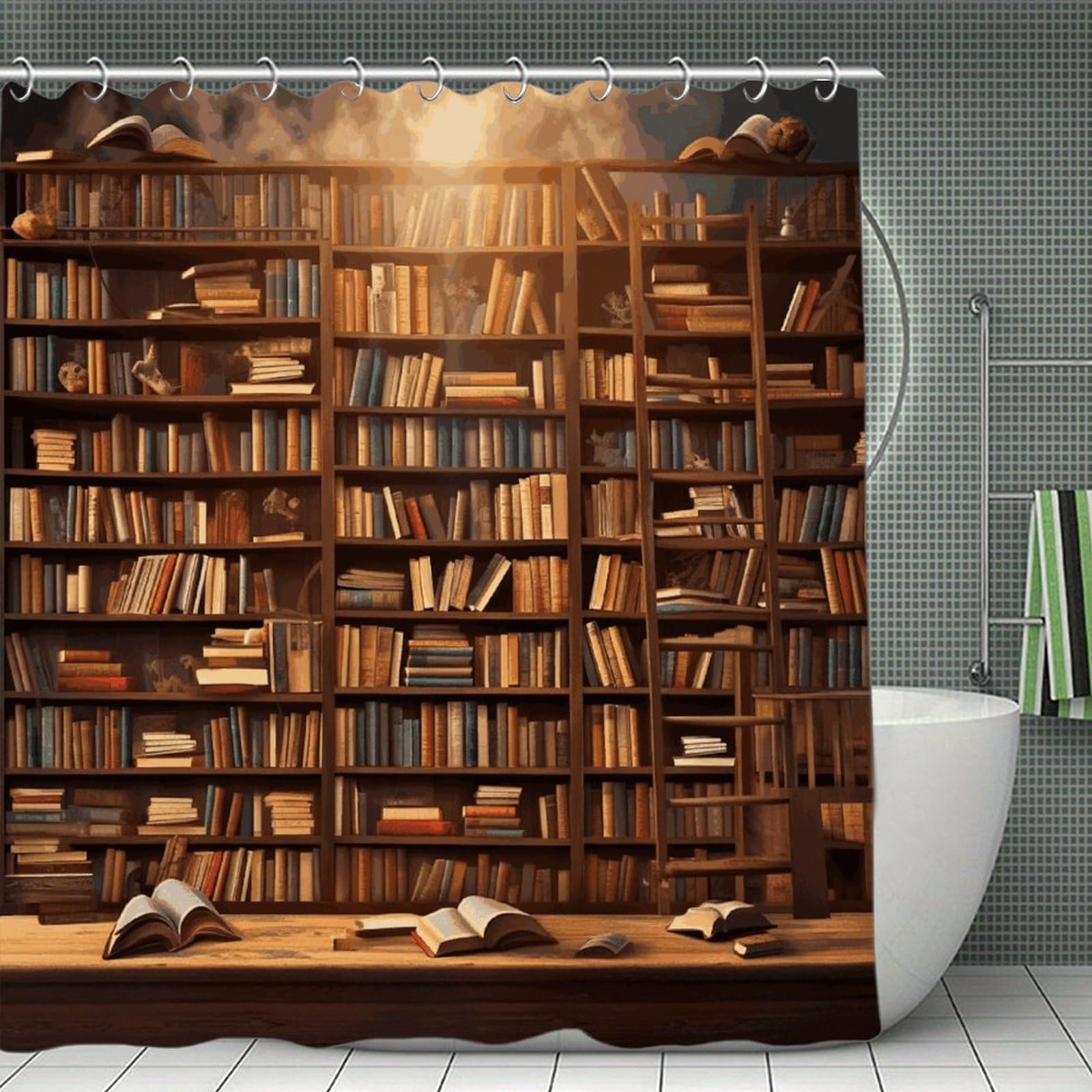VstaDank Books Shower Curtain Light-Weight Blackout Bathroom Curtain Washable Shower Liner 71x71 Inch Bath Curtain with Metal Holes Bathtub Bath Room