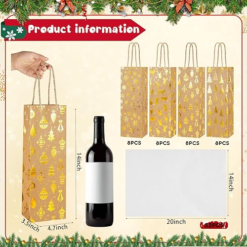 Miniatura 2 de Paquete de 32 bolsas de regalo de papel kraft de Navidad con asa de papel de seda metálico dorado champán con 4 diseños para vacaciones de invierno,