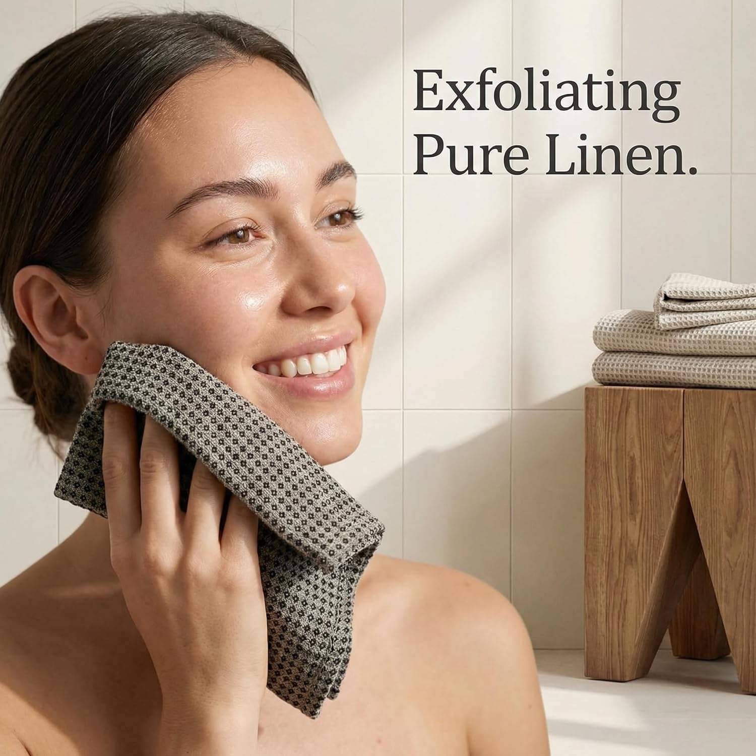 100% Flax Linen Washcloths - 4-Pack 10x10-inch Reusable Waffle Washcloths - Make up Removers Face Cloth - Black-Natural Waffle Weave Wash Cloths - Small Face Towels for Women
