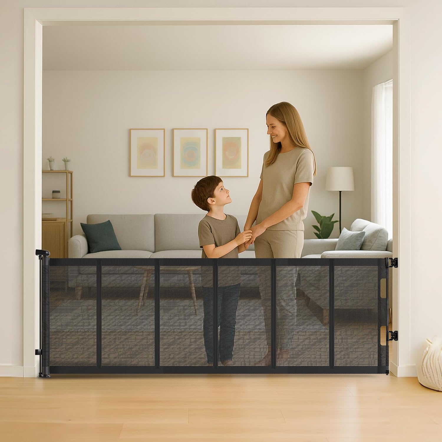 34" H Tall Mesh Dog Gate Extends Up to 120" W Retractable Pet Gate with Drill Installation, Preventing Crawling Through for Stairs, Doorways, Indoor & Outdoor (Black)