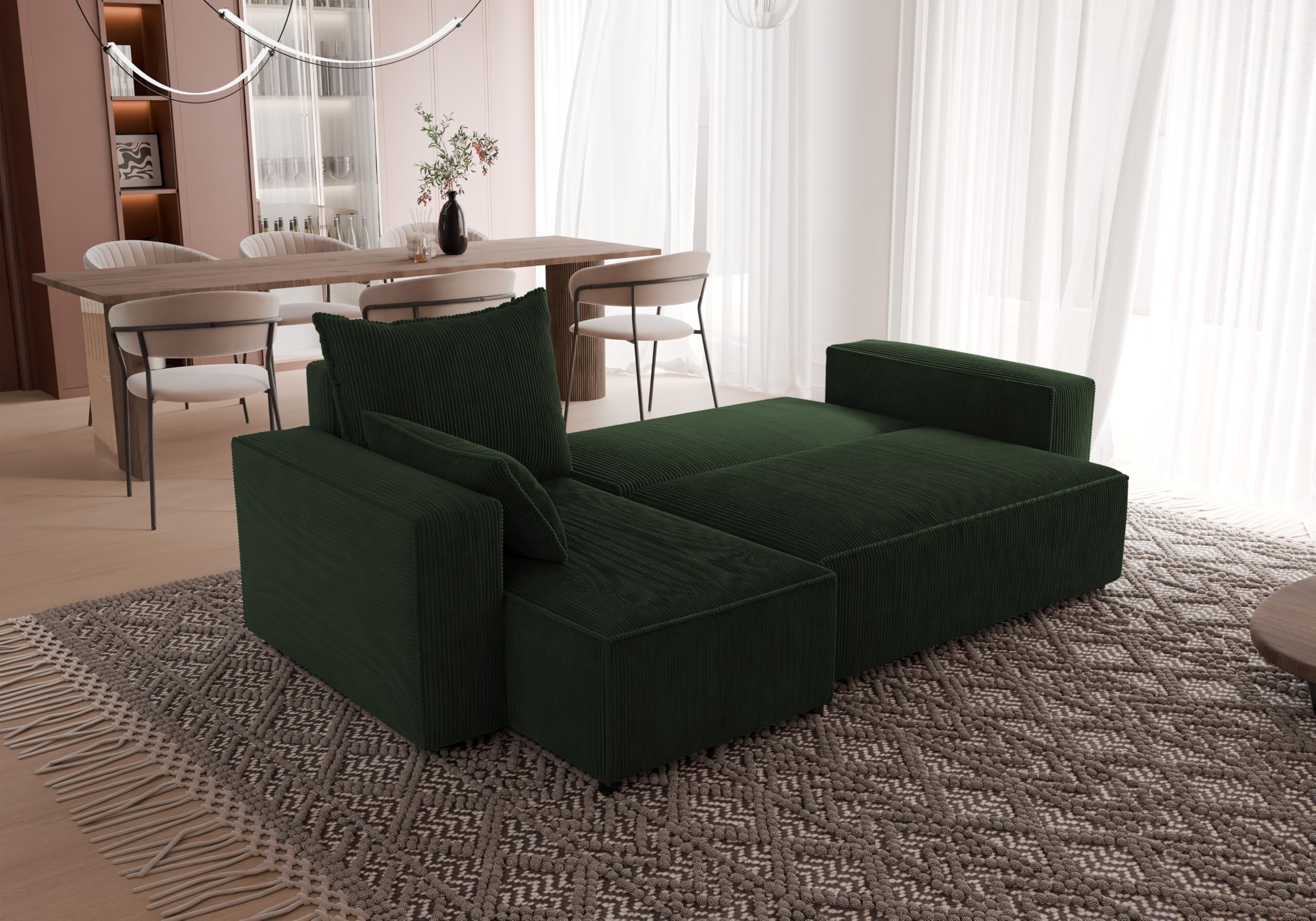 Ecksofa mit Schlaffunktion Tobi 246x145 cm - Couch - Sofa mit Bettkasten - Eckcouch - L-Form - Schlaffsofa - Schlafsofa mit Bettkasten - Universal (Cord Poso 14 Flaschengrün)