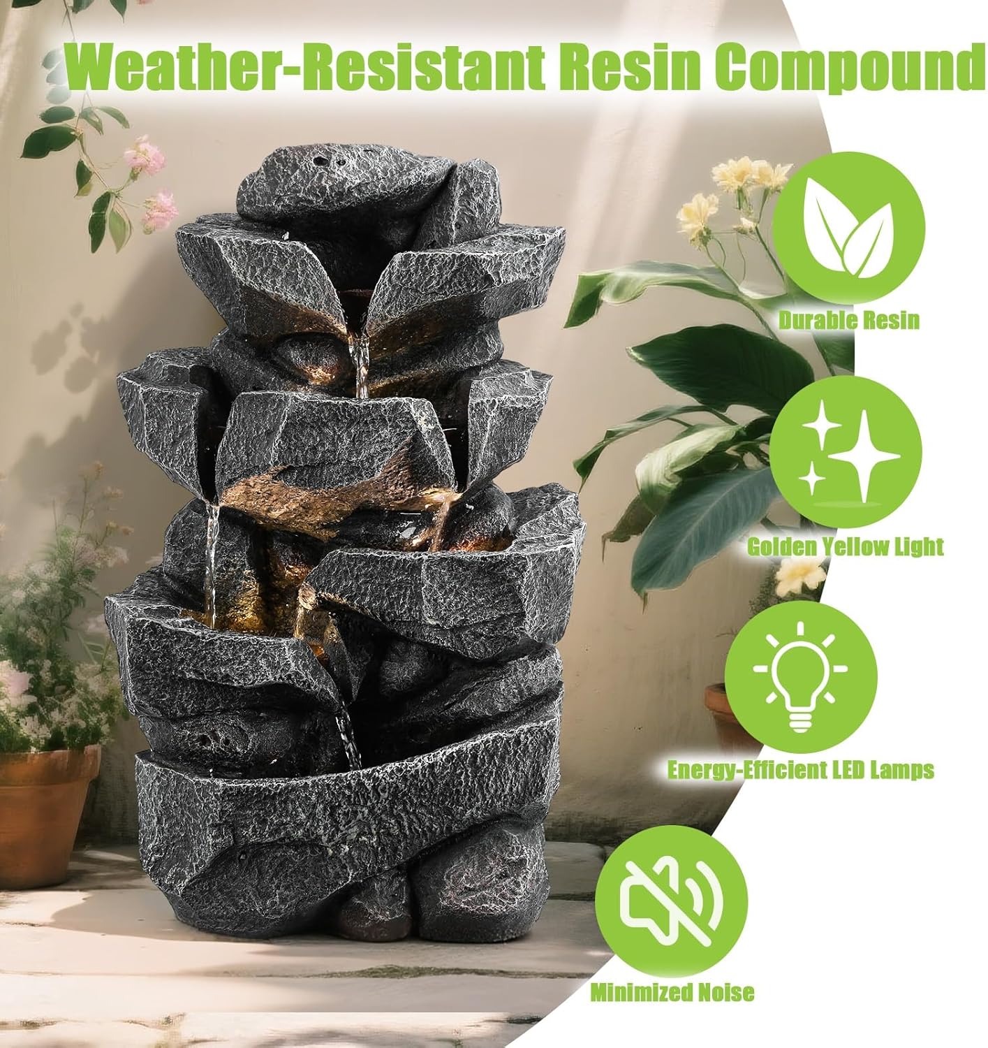 Cascading Rock Water Fountain Outdoor - Multi-Tier Waterfall Fountain with LED Warm Lights, Patio & Garden Decor, Zen Home Art Decor for Backyard, Porch, Office, Desk & Indoor Use (Resin) Bl