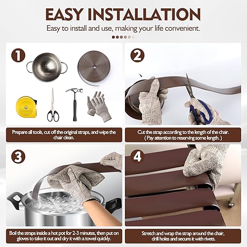 Miniatura 5 de Correas de vinilo de 2 pulgadas de ancho para reparación de sillas de patio, 20 pies de largo, correas de repuesto con 20 remaches (marrón)