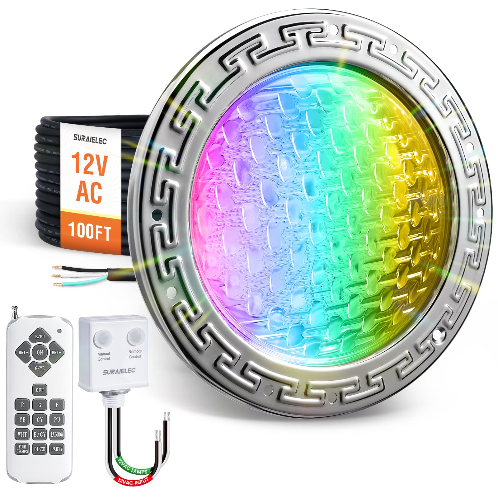 suraielec 12v ac pool lights for inground pool, 10 inch color changing led pool light with remote control, 300w equivalent, underwater swimming pool light fixture for large wet niches, 100ft cord