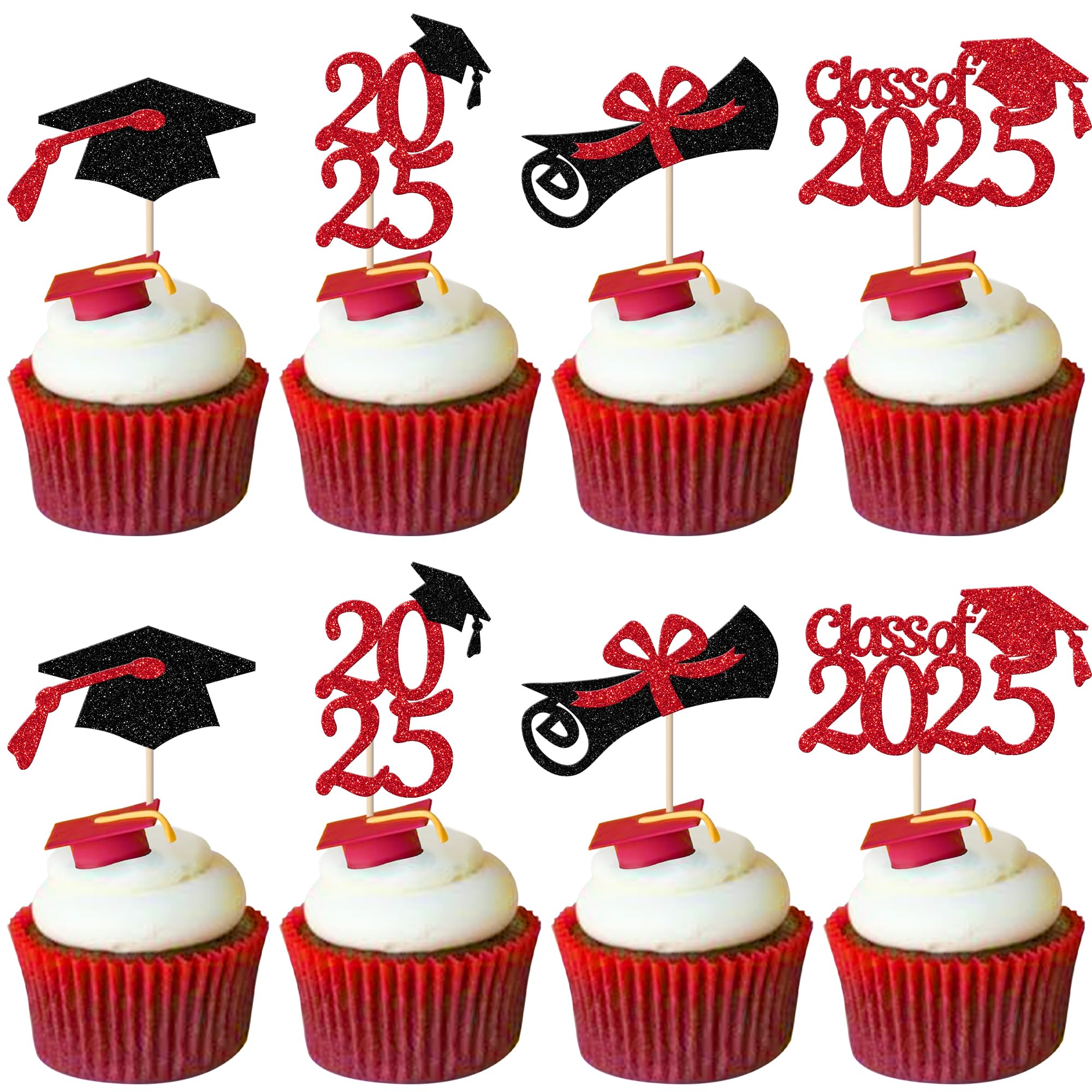 Xsstarmi 24 Pack Red Glitter 2026 Graduation Cupcake Toppers Class of 2026 Diploma Cupcake Picks for 2026 Graduation Theme Party Cake Decorations